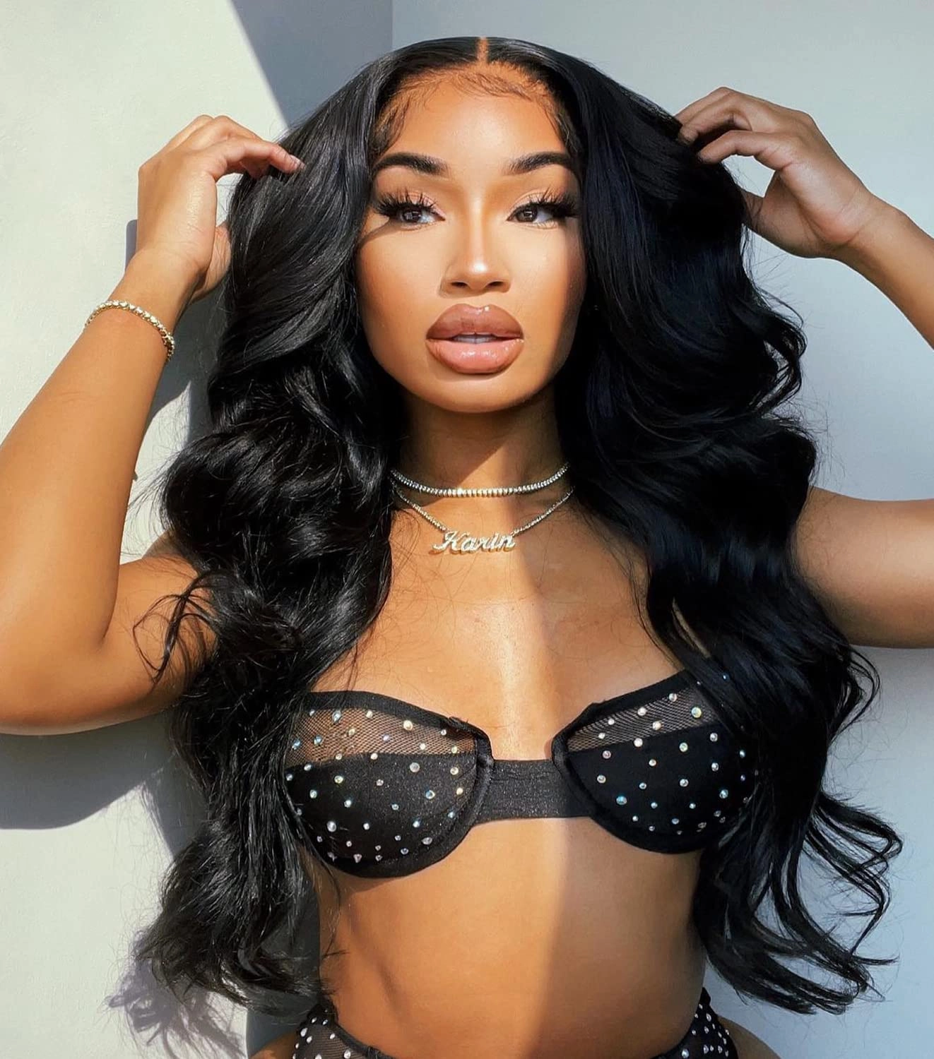 BlackSwern Body Wave Lace Front Wig, Glueless Wig Pre-plucked Pre-layered Pre-styled, Long Layered with Curtain Bangs for Black Women, Natural 24 232 grams