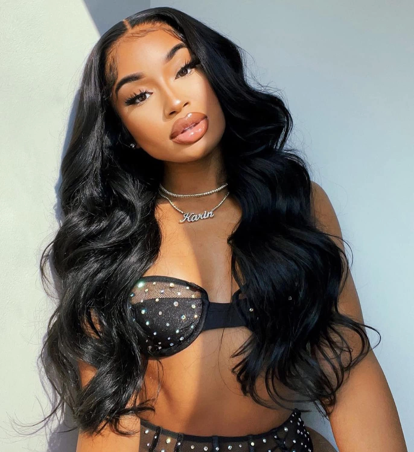 BlackSwern Body Wave Lace Front Wig, Glueless Wig Pre-plucked Pre-layered Pre-styled, Long Layered with Curtain Bangs for Black Women, Natural 24 232 grams