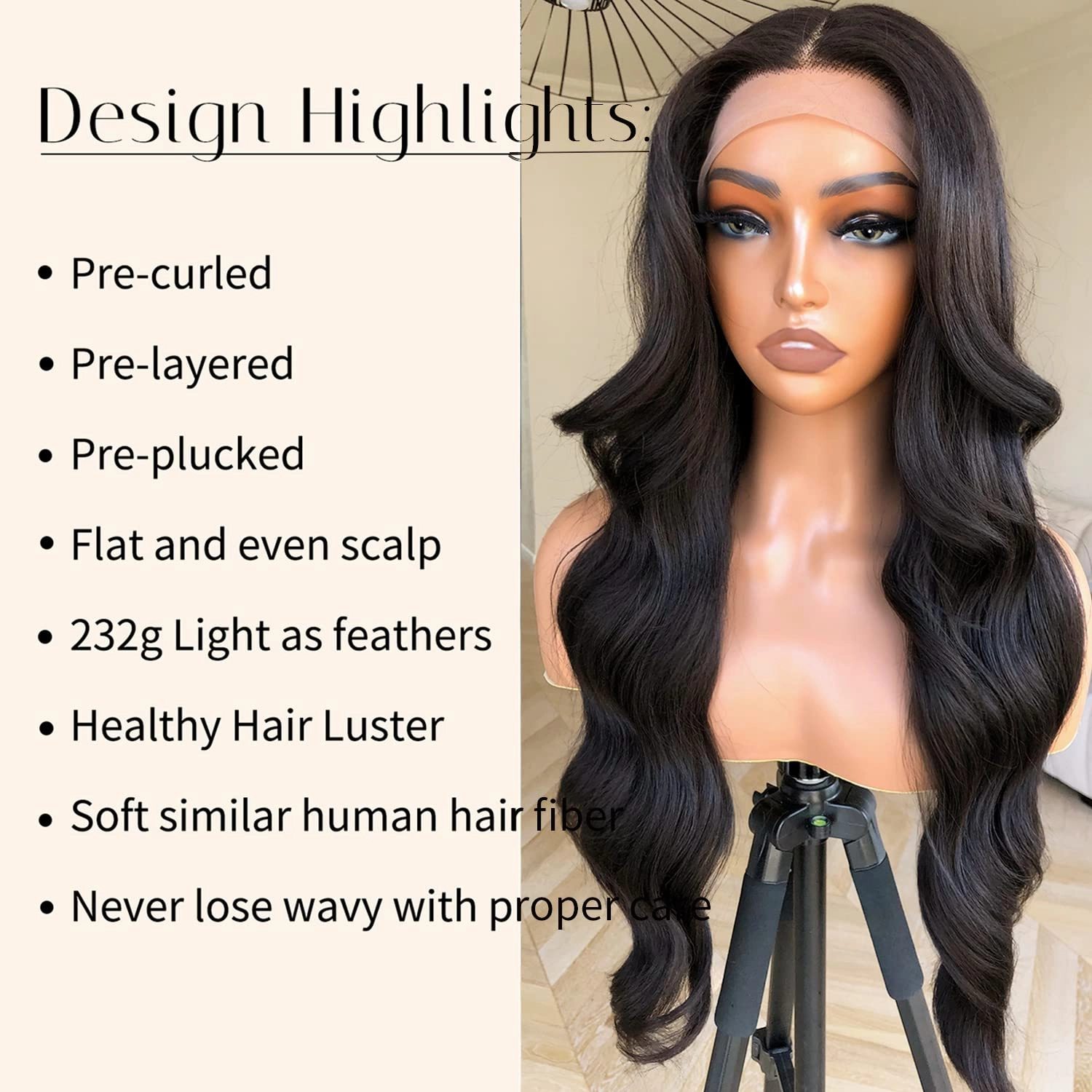 BlackSwern Body Wave Lace Front Wig, Glueless Wig Pre-plucked Pre-layered Pre-styled, Long Layered with Curtain Bangs for Black Women, Natural 24 232 grams