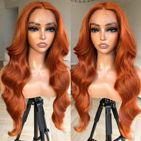 BlackSwern Ginger Wig Ginger Orange Body Wave Lace Front Wig, Glueless Lace Wig, Pre-plucked Pre-layered Body Wave Wig with Curtain Bangs for Black Women, 24