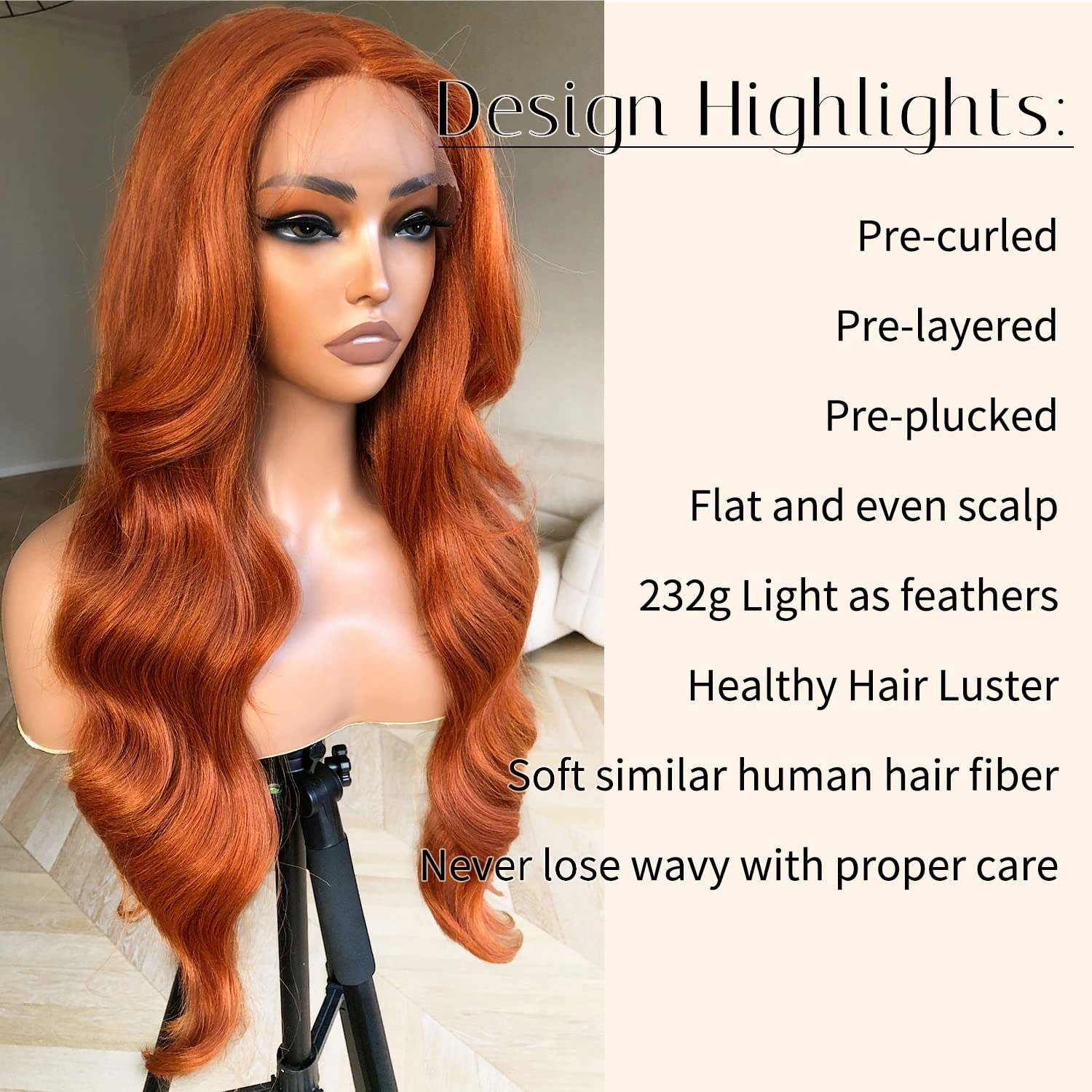 BlackSwern Ginger Wig Ginger Orange Body Wave Lace Front Wig, Glueless Lace Wig, Pre-plucked Pre-layered Body Wave Wig with Curtain Bangs for Black Women, 24