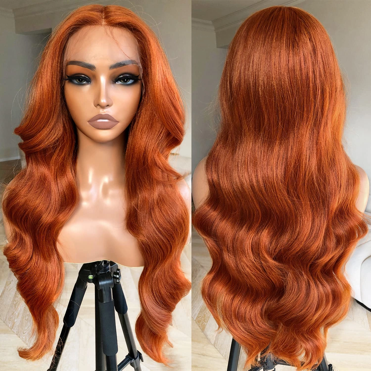 BlackSwern Ginger Wig Ginger Orange Body Wave Lace Front Wig, Glueless Lace Wig, Pre-plucked Pre-layered Body Wave Wig with Curtain Bangs for Black Women, 24