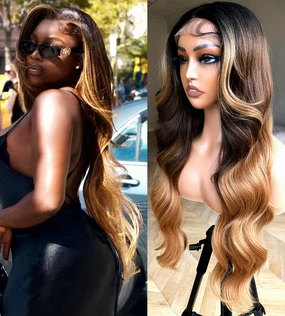 BlackSwern Ombre Lace Front Wig, Highlight Ombre Body Wave Wig Pre-plucked Pre-layered Pre-styled, Glueless Lace Wigs for Black Women, 1b/30/27