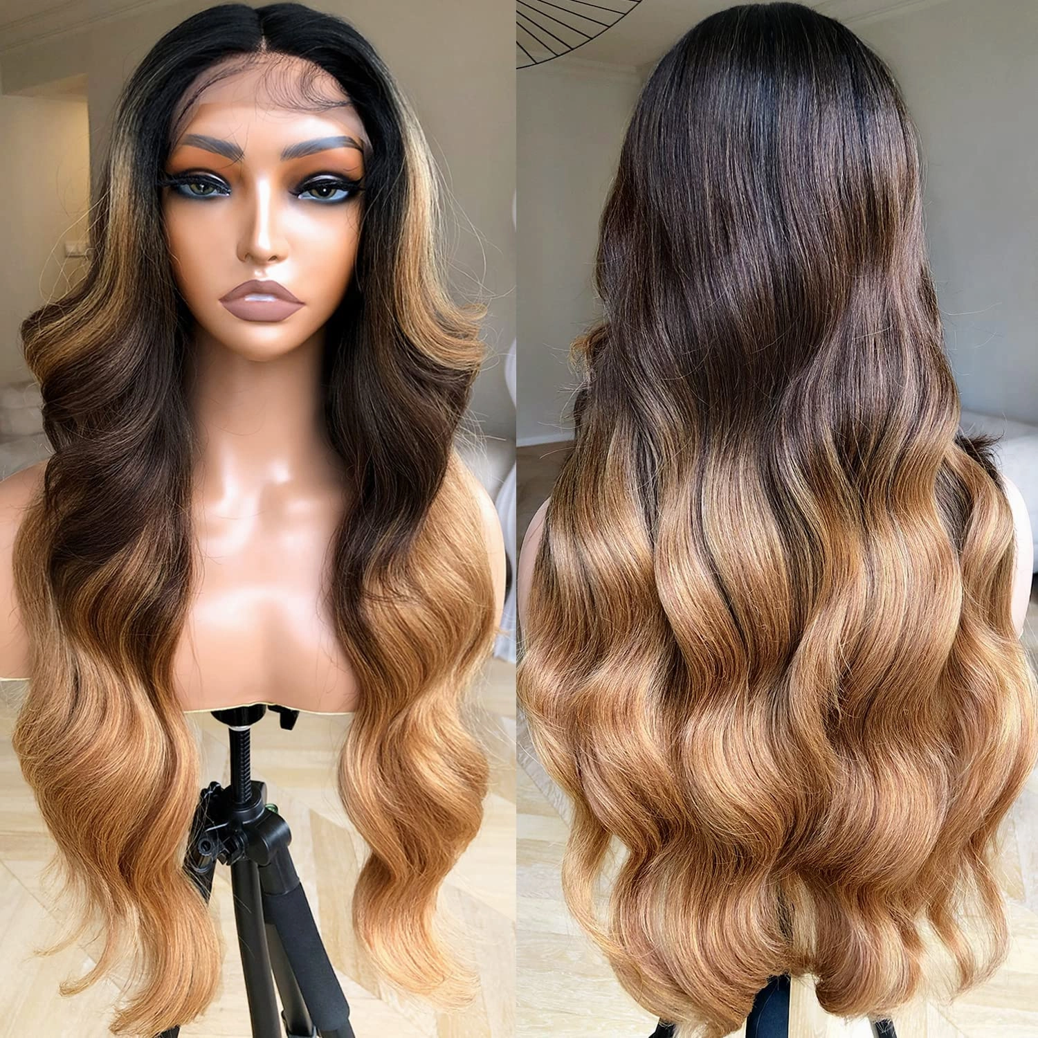 BlackSwern Ombre Lace Front Wig, Highlight Ombre Body Wave Wig Pre-plucked Pre-layered Pre-styled, Glueless Lace Wigs for Black Women, 1b/30/27