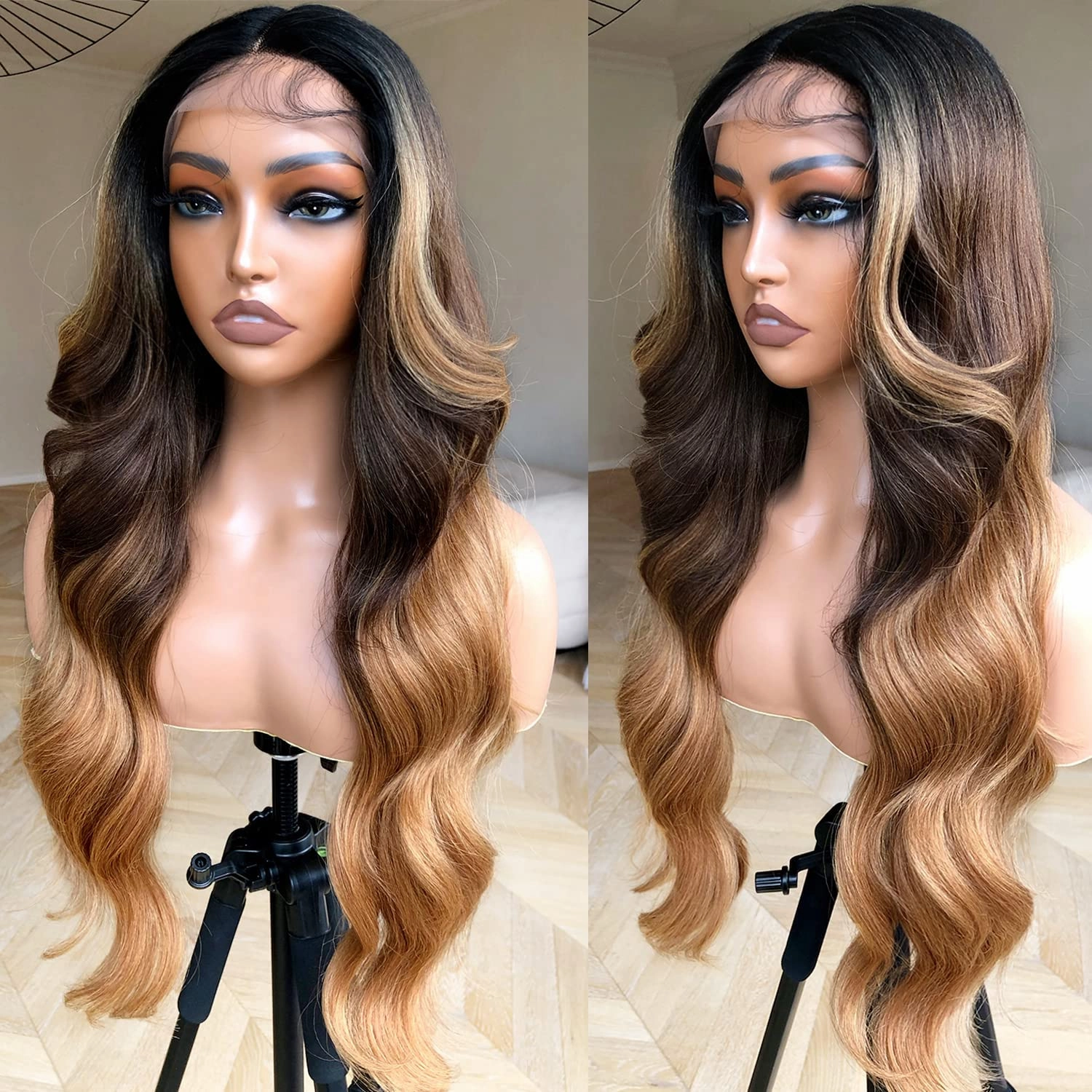 BlackSwern Ombre Lace Front Wig, Highlight Ombre Body Wave Wig Pre-plucked Pre-layered Pre-styled, Glueless Lace Wigs for Black Women, 1b/30/27