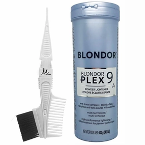 Blondorplex 9 Multi Dust-Free Powder Lightener | Blondorplex Bleach Hair Lightening Powder 14.1 Ounce and M Hair Designs Tint Brush Comb (Bundle)
