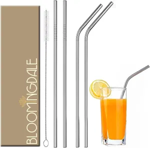 Bloomingdale Reusable Stainless Steel Straw with Cleaning Brush- Long Metal Straws For Drinking Juice, Smoothie, Beverage, Reusable Set Of 5 (2- Bend Pipe, 2- Long Straw, 1-cleaning Brush)