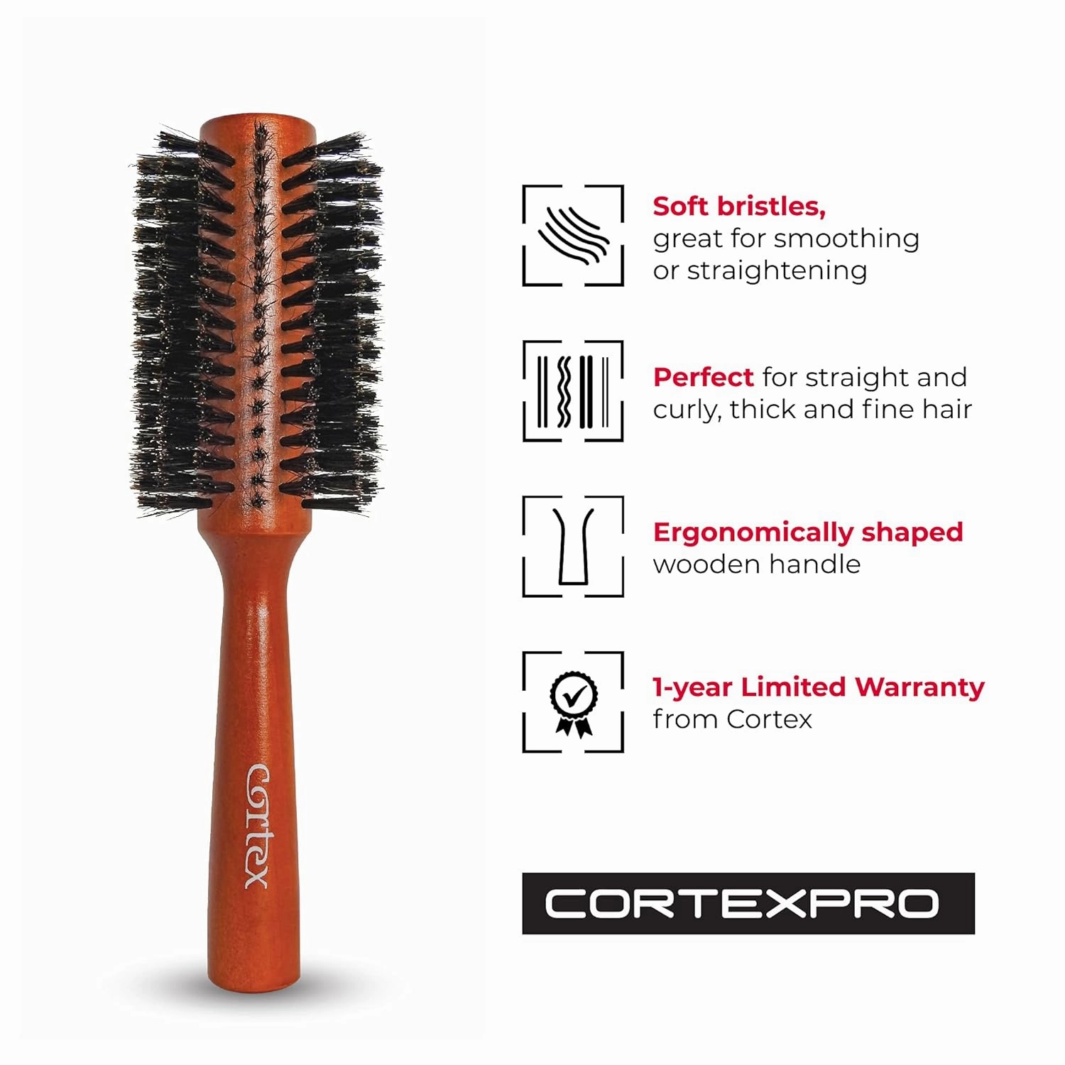 Boar Bristle and Nylon Round Hair Brush, For Women and Men, For All Hair Types, Soft Hair Brush - Red Wood 2.75"