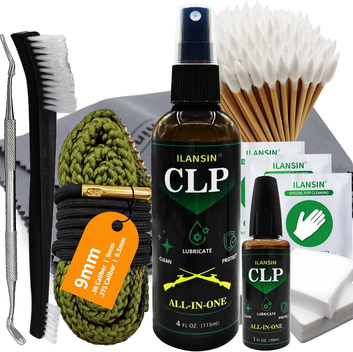 Bore Cleaner CLP Oil Needle Spray,Gun Cleaning Kit for 12Ga / 5.56 / 9mm Gun Cleaning Snake,Gun Cleaning Supplies with Gun Cleaning Patches,6'' Gun Cleaning Swabs, Gun Brushes, Cleaning Picks
