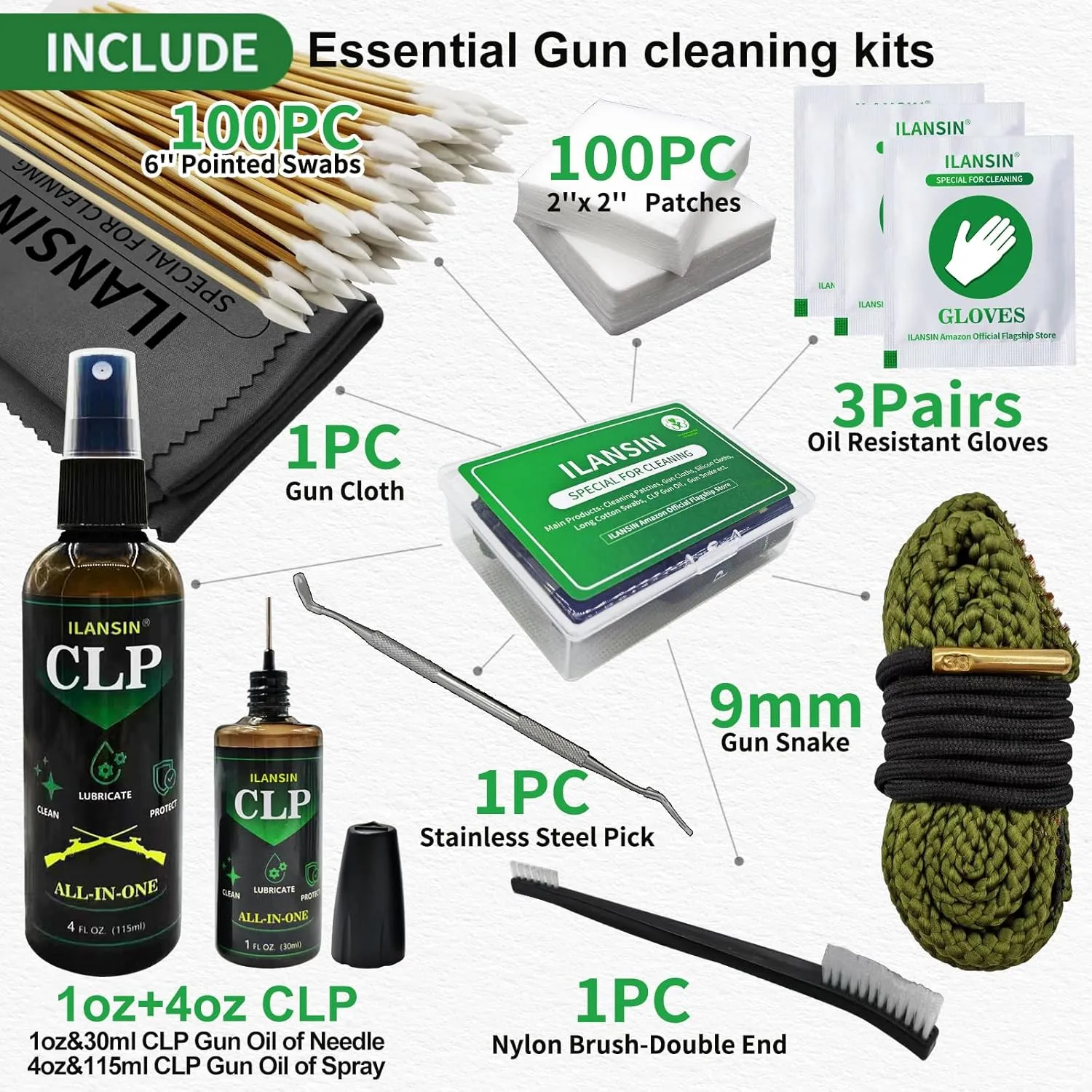 Bore Cleaner CLP Oil Needle Spray,Gun Cleaning Kit for 12Ga / 5.56 / 9mm Gun Cleaning Snake,Gun Cleaning Supplies with Gun Cleaning Patches,6'' Gun Cleaning Swabs, Gun Brushes, Cleaning Picks
