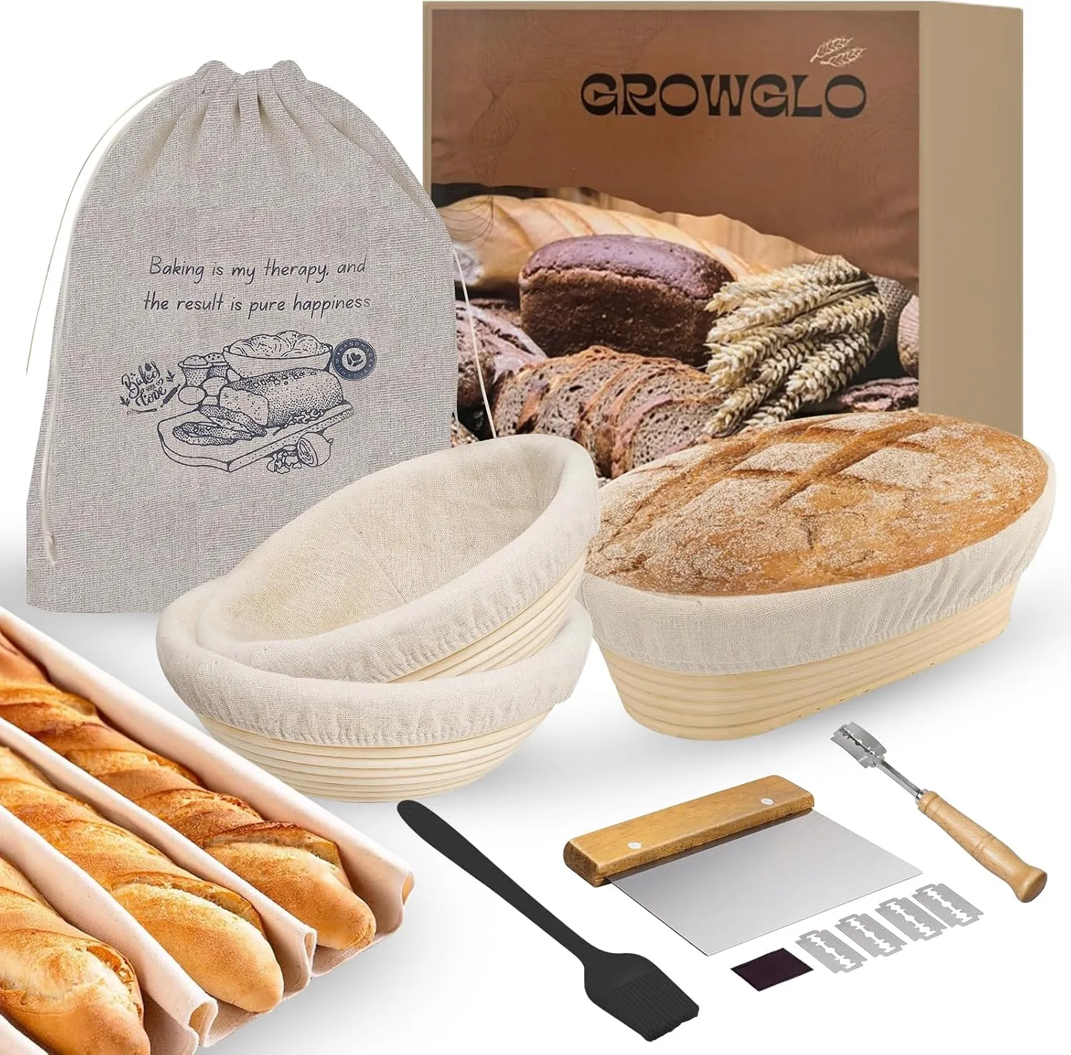 Bread Banneton Proofing Basket - 3pc Set with Natural Rattan Proofing Bowl, 9” & 10” Round, 10” Oval Baskets, Washable Liners, Bread Lame, Silicon Brush, Bread Making Tools for Artisan Baking