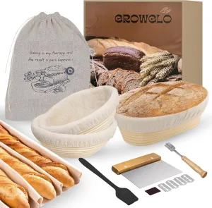 Bread Banneton Proofing Basket - 3pc Set with Natural Rattan Proofing Bowl, 9” & 10” Round, 10” Oval Baskets, Washable Liners, Bread Lame, Silicon Brush, Bread Making Tools for Artisan Baking