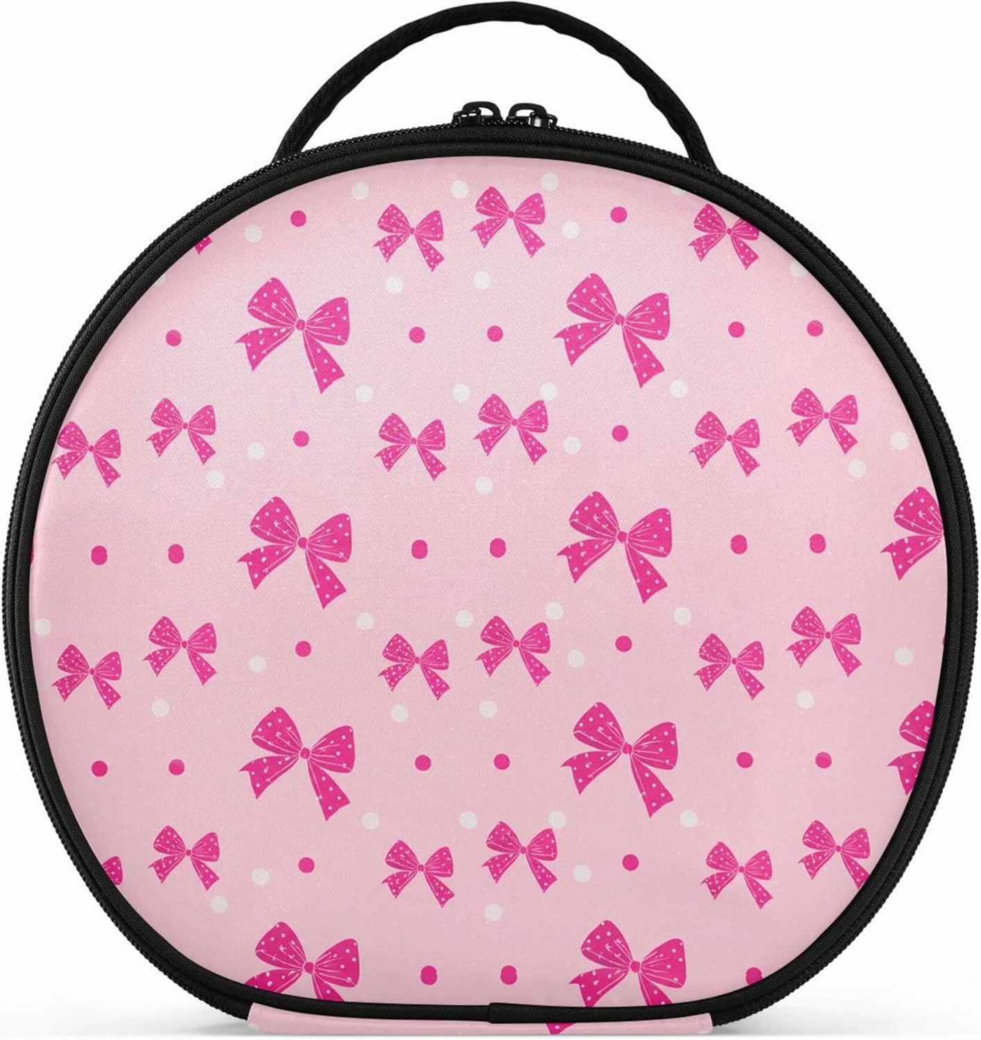 Bright Pink Bows and Polka Dots Round Makeup Bag for Women, Travel Cosmetic Organizer Bag with Adjustable Dividers Portable Artist Makeup Bags for Cosmetics Jewelry Accessories