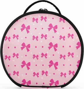 Bright Pink Bows and Polka Dots Round Makeup Bag for Women, Travel Cosmetic Organizer Bag with Adjustable Dividers Portable Artist Makeup Bags for Cosmetics Jewelry Accessories
