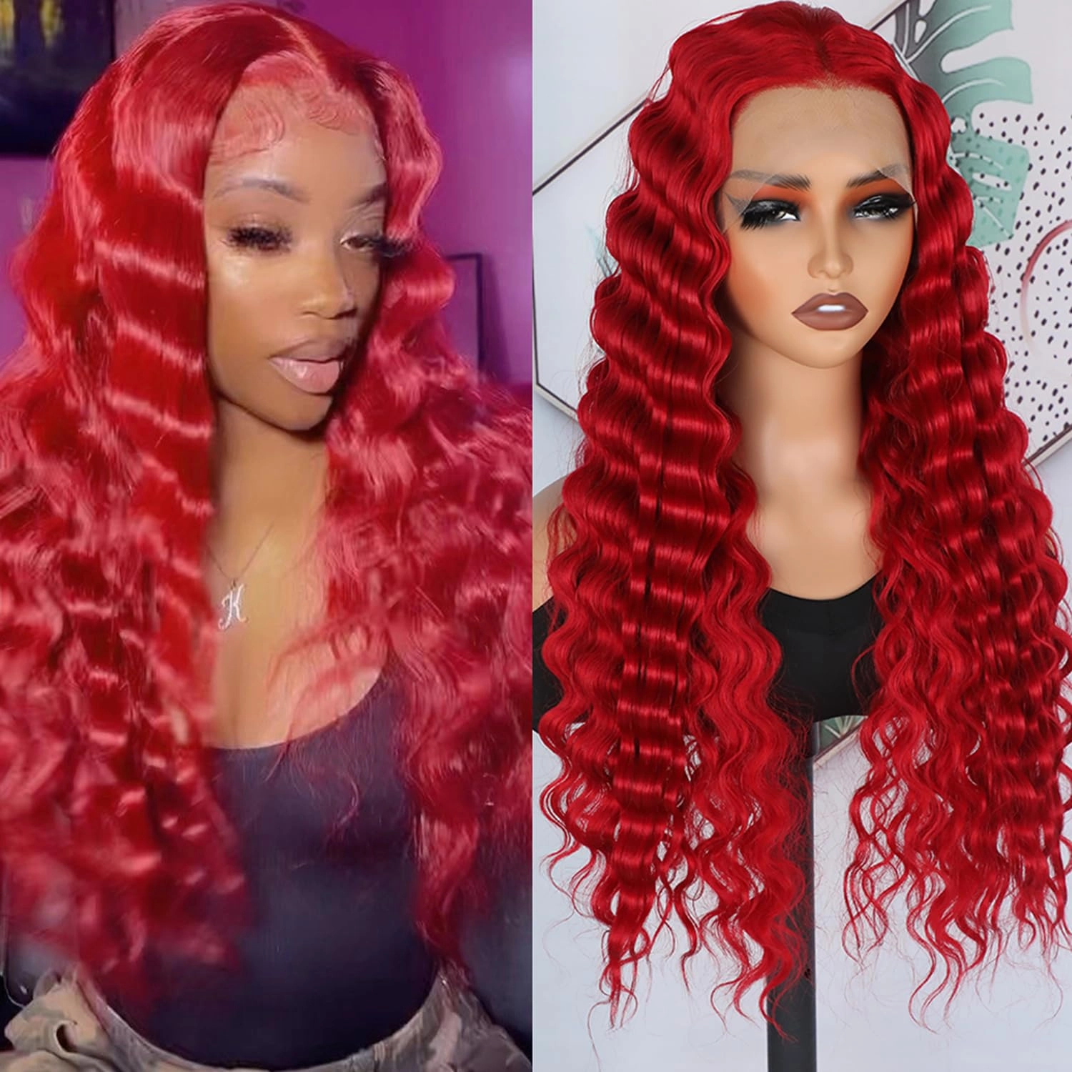 Bright Red Loose Curly Lace Front Wigs Pre Plucked Loose Curls Wig Glueless Red Colored Wigs Heat Resistant Long Water Wave Synthetic Lace Front Wigs for Fashion Black Women