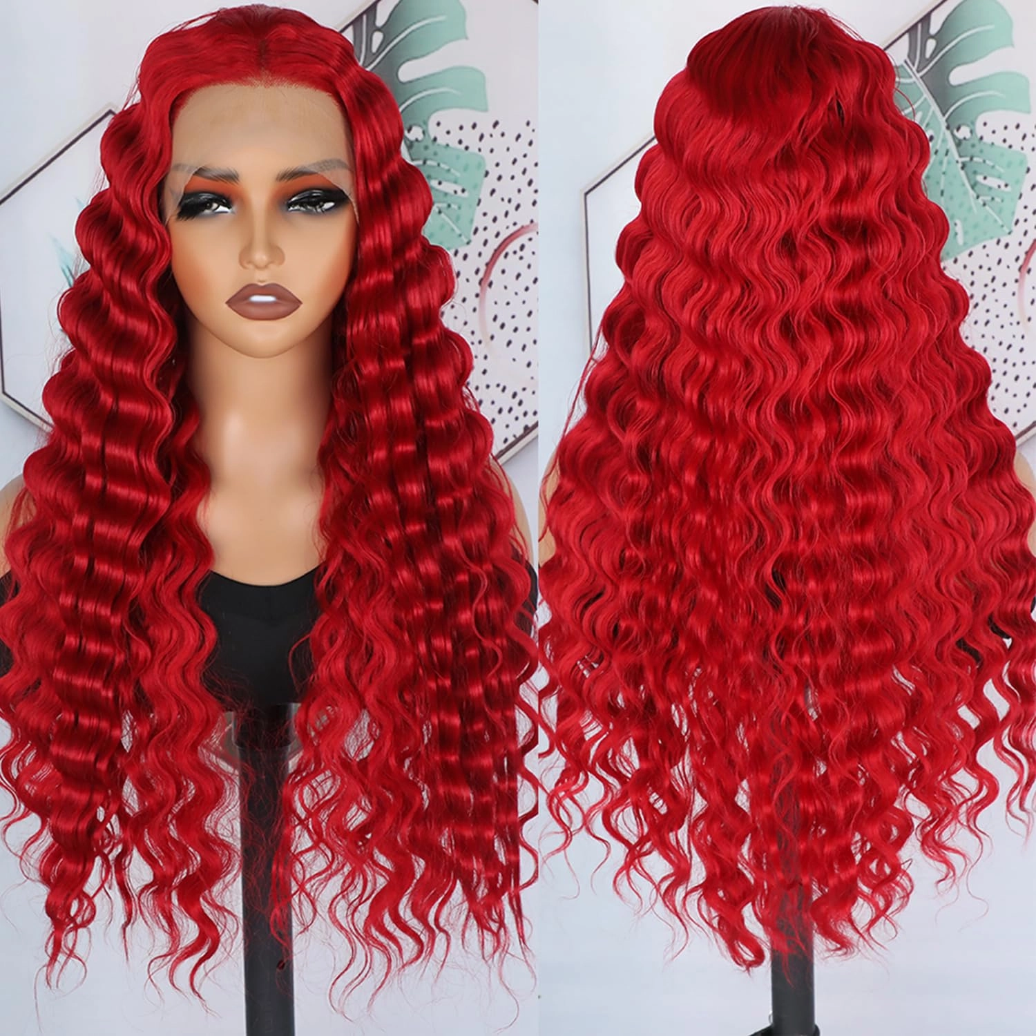 Bright Red Loose Curly Lace Front Wigs Pre Plucked Loose Curls Wig Glueless Red Colored Wigs Heat Resistant Long Water Wave Synthetic Lace Front Wigs for Fashion Black Women