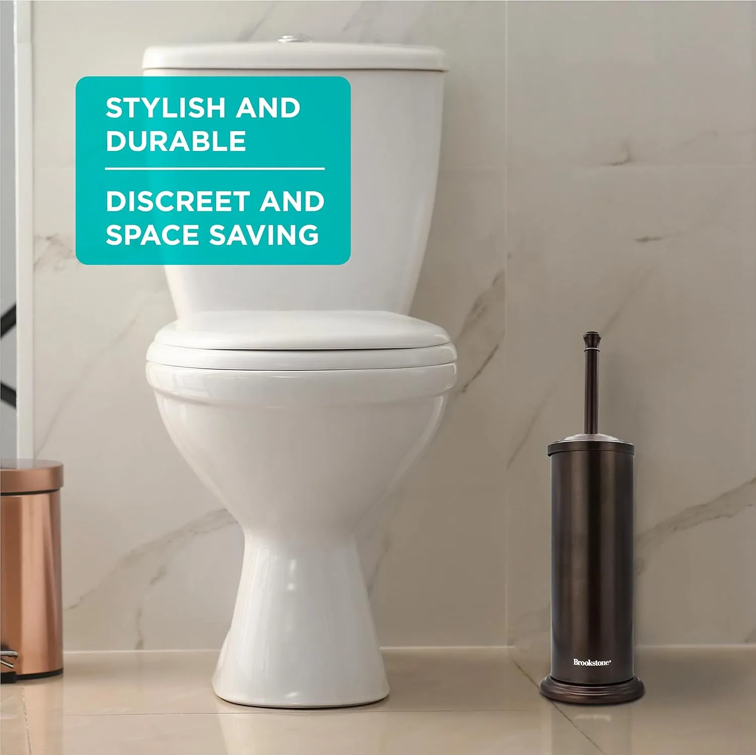BROOKSTONE, Bronze Metallic Toilet Brush with Holder, Long Handle for Deep Bowl Cleaning, [Splash Protective Disc], Stylish Modern Space Saving Design, Leakproof Inner Container