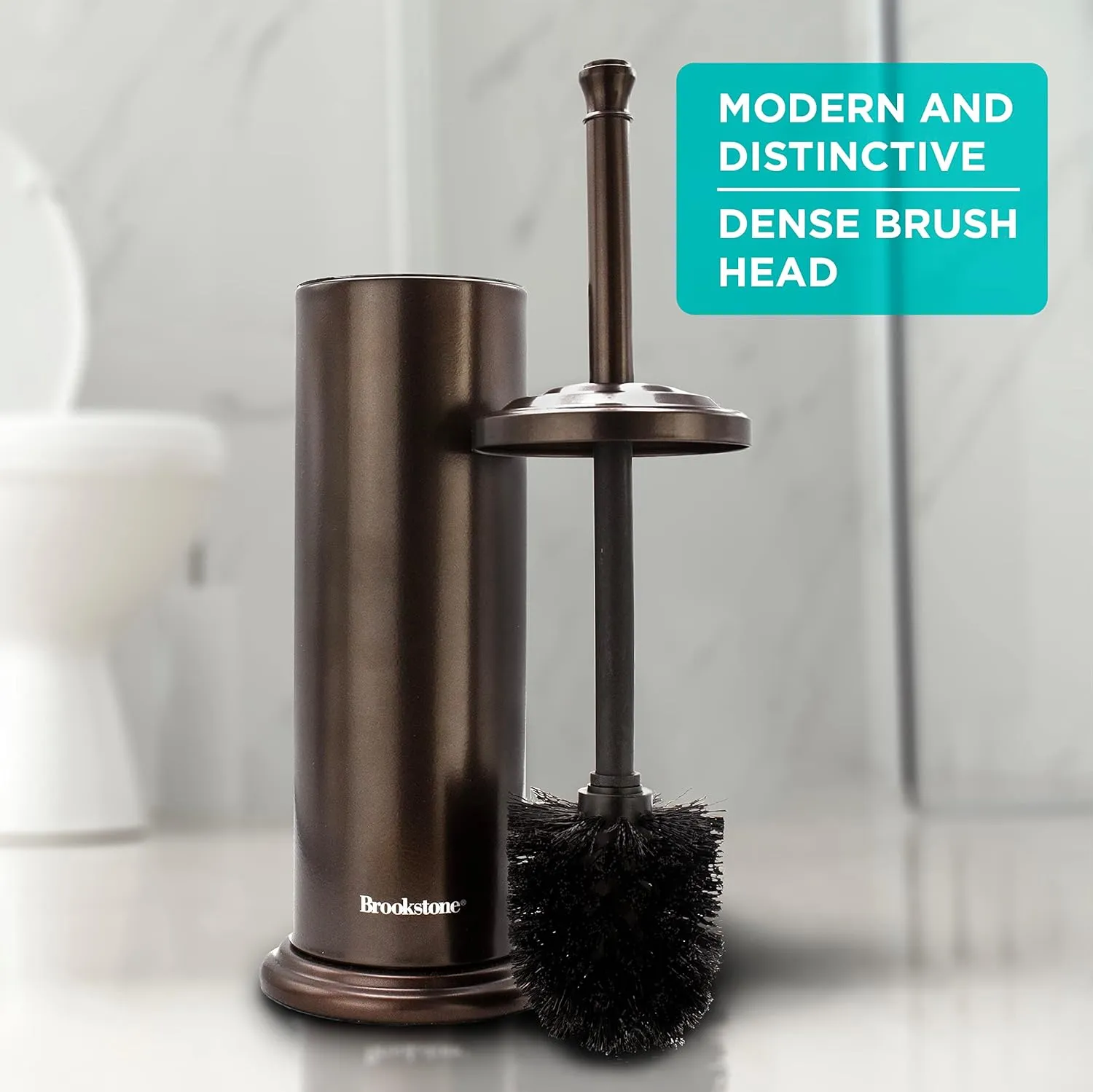 BROOKSTONE, Bronze Metallic Toilet Brush with Holder, Long Handle for Deep Bowl Cleaning, [Splash Protective Disc], Stylish Modern Space Saving Design, Leakproof Inner Container