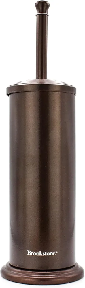 BROOKSTONE, Bronze Metallic Toilet Brush with Holder, Long Handle for Deep Bowl Cleaning, [Splash Protective Disc], Stylish Modern Space Saving Design, Leakproof Inner Container
