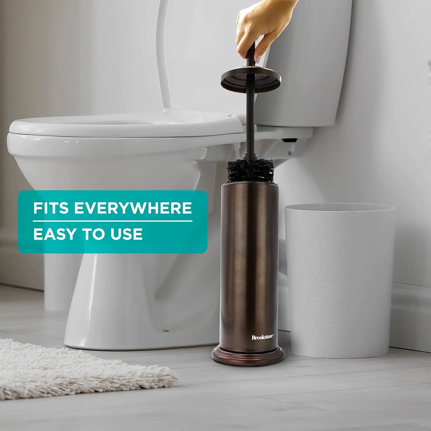 BROOKSTONE, Bronze Metallic Toilet Brush with Holder, Long Handle for Deep Bowl Cleaning, [Splash Protective Disc], Stylish Modern Space Saving Design, Leakproof Inner Container