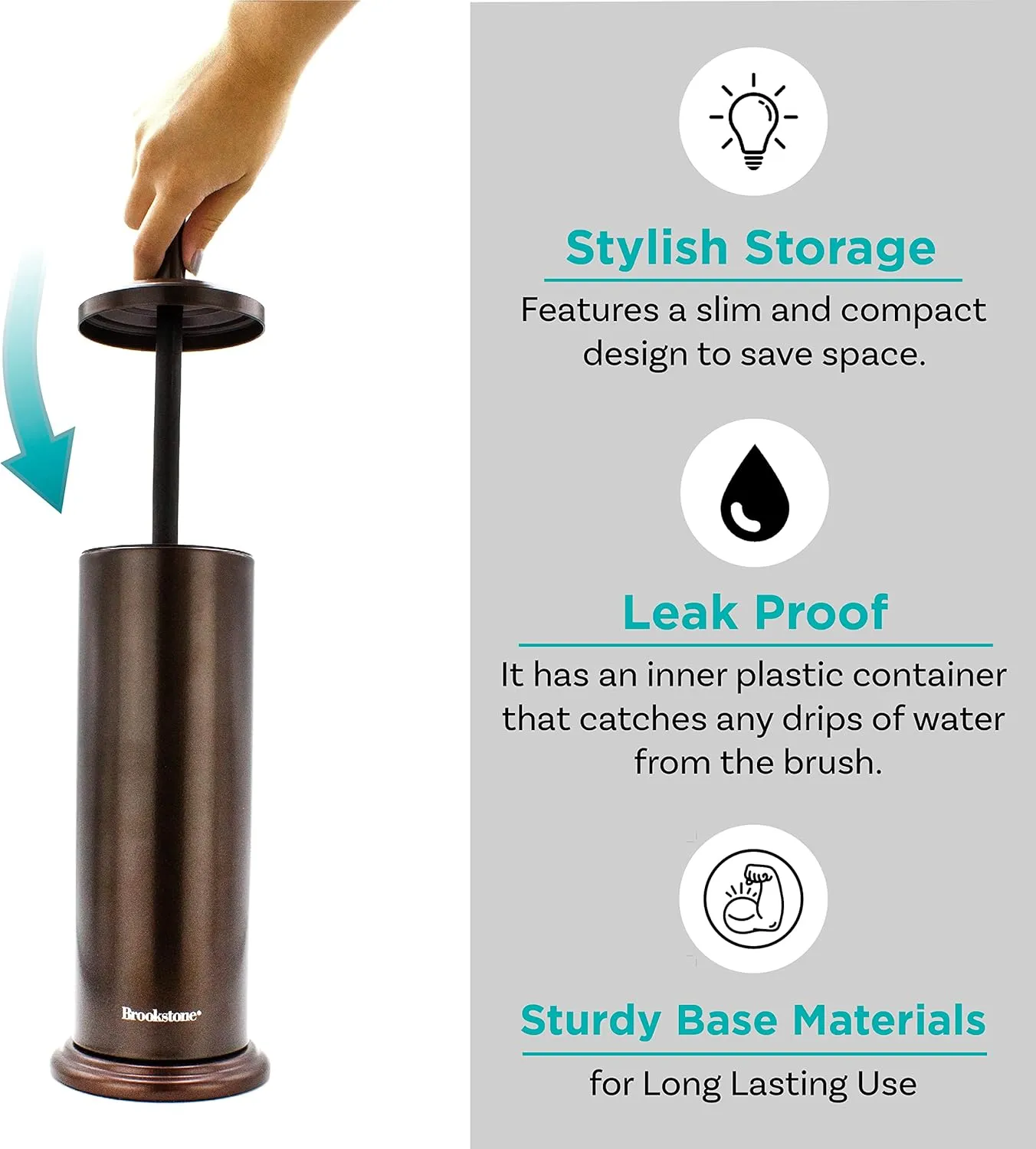 BROOKSTONE, Bronze Metallic Toilet Brush with Holder, Long Handle for Deep Bowl Cleaning, [Splash Protective Disc], Stylish Modern Space Saving Design, Leakproof Inner Container