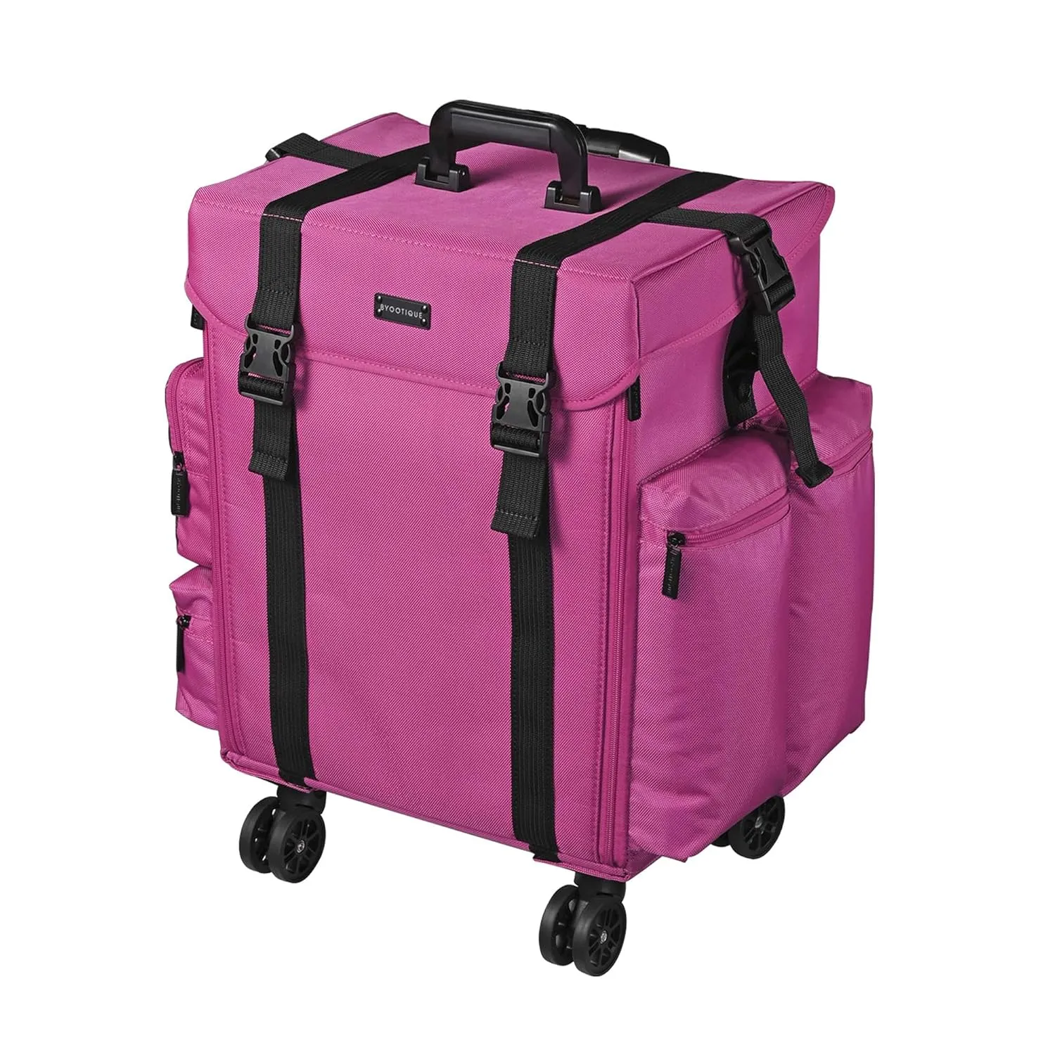 BYOOTIQUE Soft Sided Rolling Makeup Case Cosmetic 1680D Organizer Storage Travel Unseasonable Bright Case with Removable 360-Degree Wheel and Storage, Deep Pink
