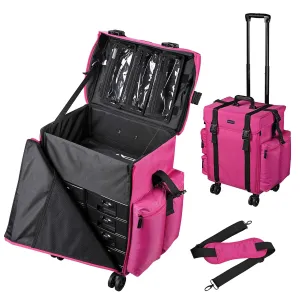 BYOOTIQUE Soft Sided Rolling Makeup Case Cosmetic 1680D Organizer Storage Travel Unseasonable Bright Case with Removable 360-Degree Wheel and Storage, Deep Pink