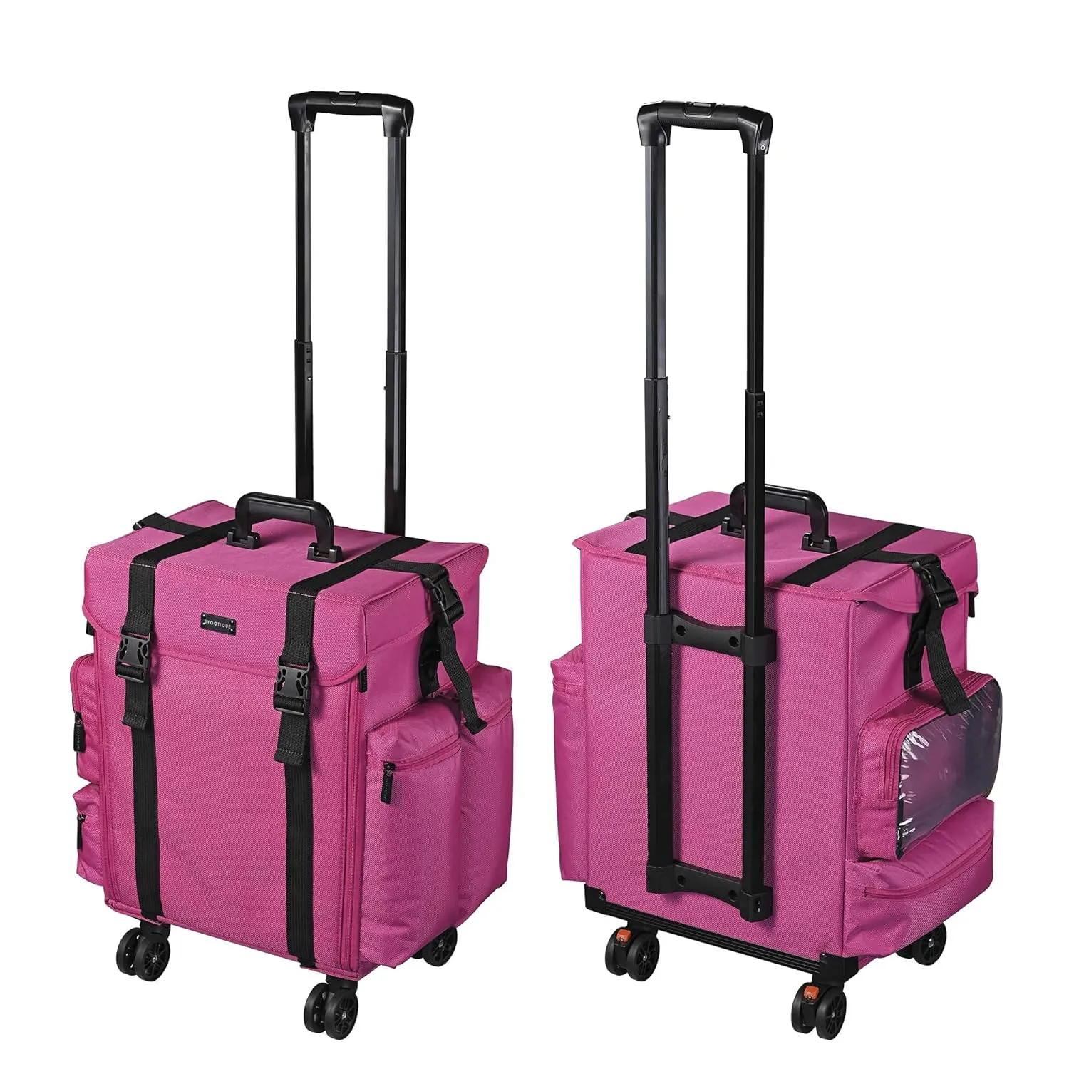 BYOOTIQUE Soft Sided Rolling Makeup Case Cosmetic 1680D Organizer Storage Travel Unseasonable Bright Case with Removable 360-Degree Wheel and Storage, Deep Pink
