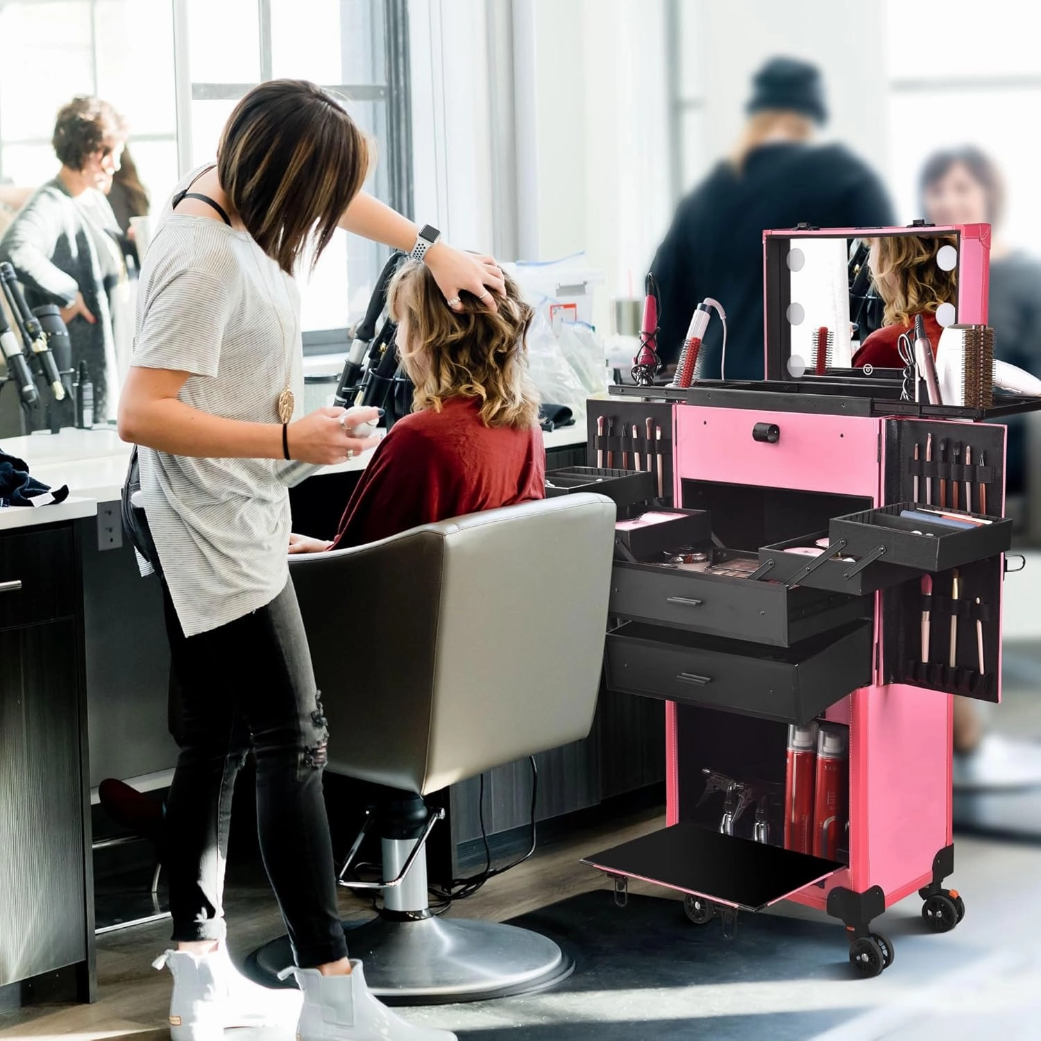 BYOOTIQUE Pink Rolling Makeup Case Trolley Lockable with Mirror Light Pro Large Cosmetic