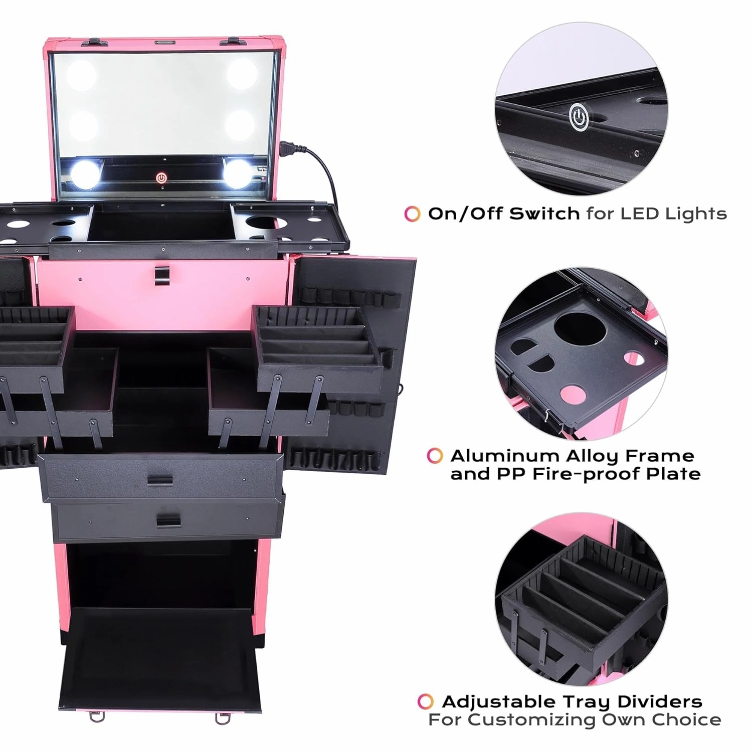 BYOOTIQUE Pink Rolling Makeup Case Trolley Lockable with Mirror Light Pro Large Cosmetic