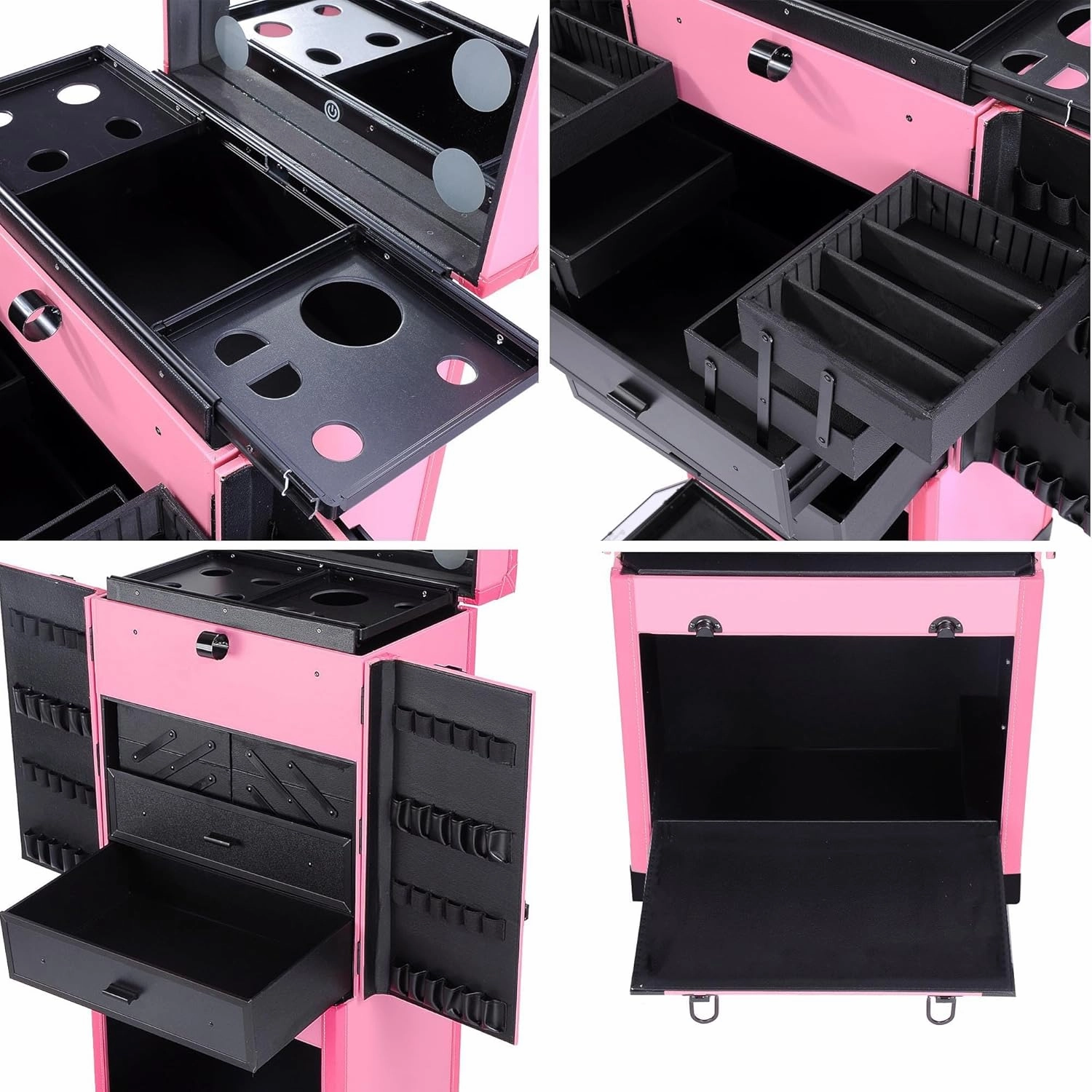 BYOOTIQUE Pink Rolling Makeup Case Trolley Lockable with Mirror Light Pro Large Cosmetic