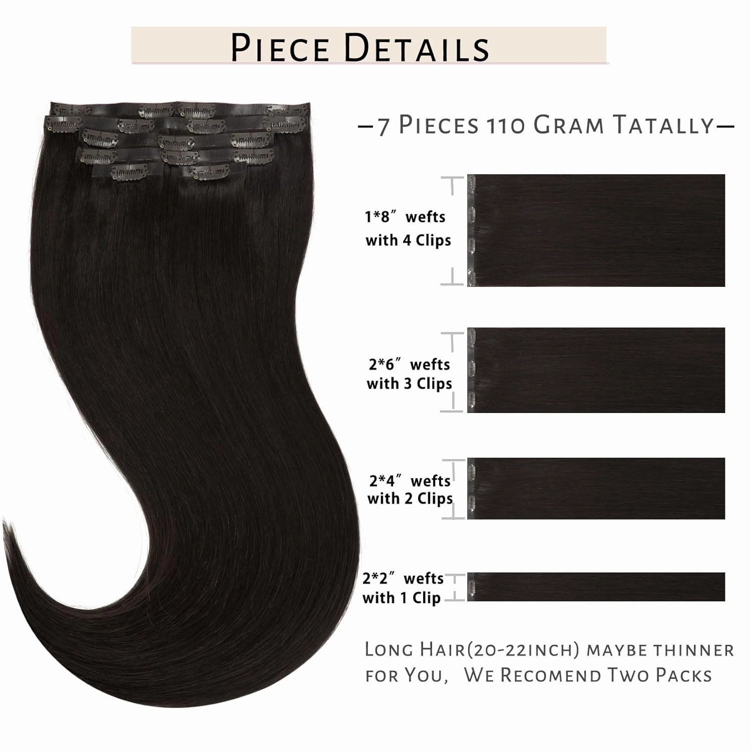 Caliee Clip-in Human Hair Extensions 18Inch 110G Ultra Thin Weft Clips on Full Head Color 2 Dark Brown PU for Women 7Pcs Natural