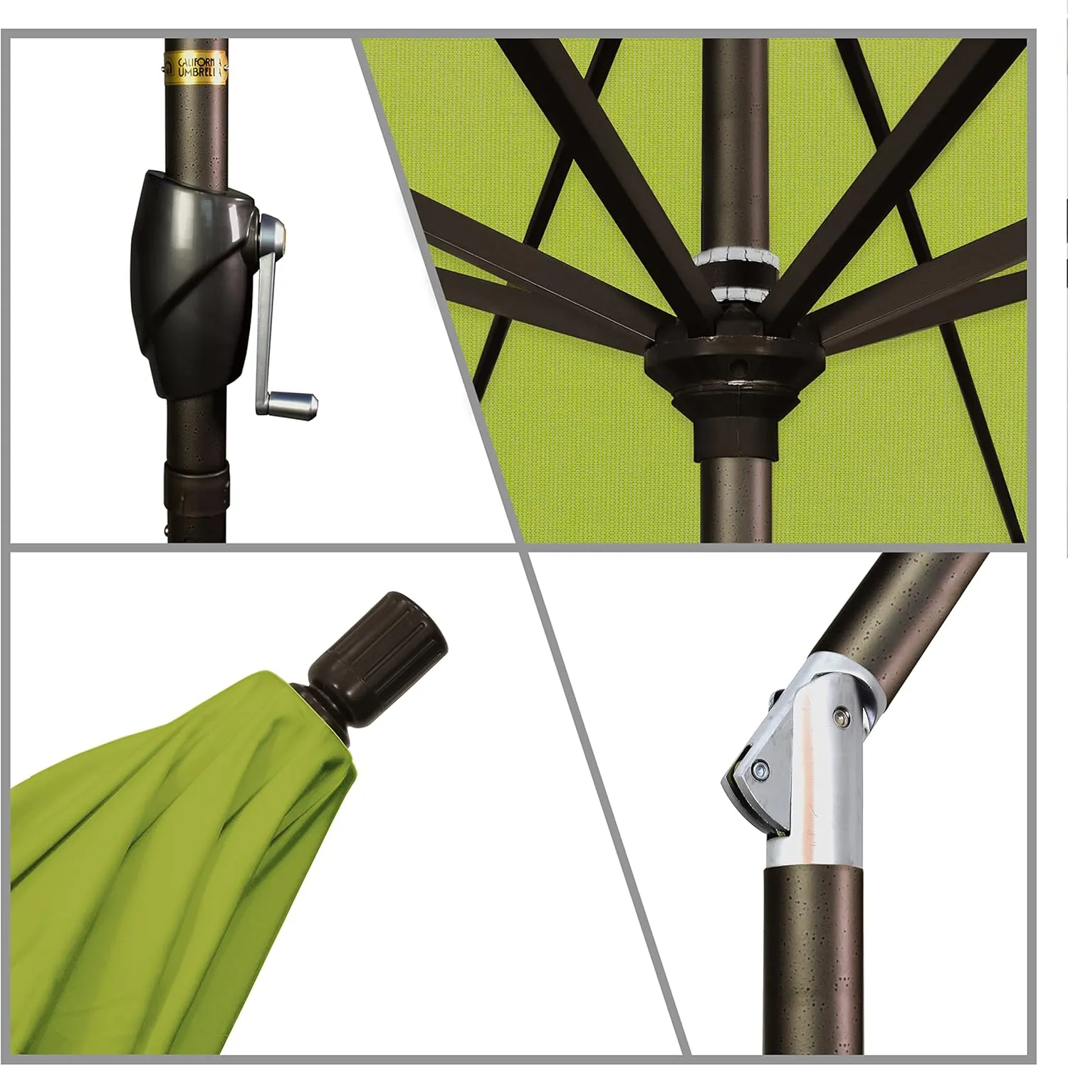 California Umbrella 7.5' Round Aluminum Market Umbrella, Crank Lift, Push Button Tilt, Bronze Pole, Sunbrella Macaw