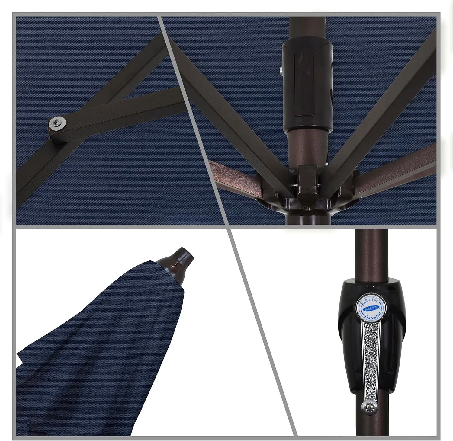 California Umbrella 7.5' Round Sunbrella Aluminum Outdoor Deck, Pool or Patio Umbrella, Crank Lift, Auto Tilt, Bronze Pole, Navy Blue
