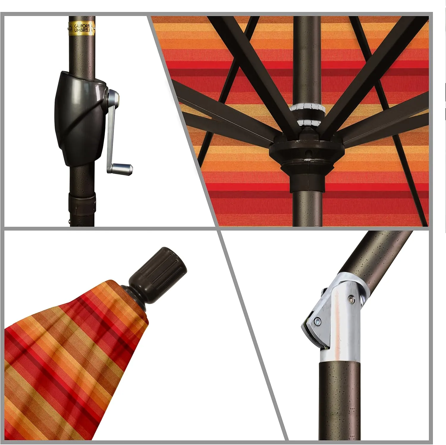 California Umbrella 9' Round Aluminum Market Umbrella, Crank Lift, Push Button Tilt, Bronze Pole, Sunbrella Astoria Sunset