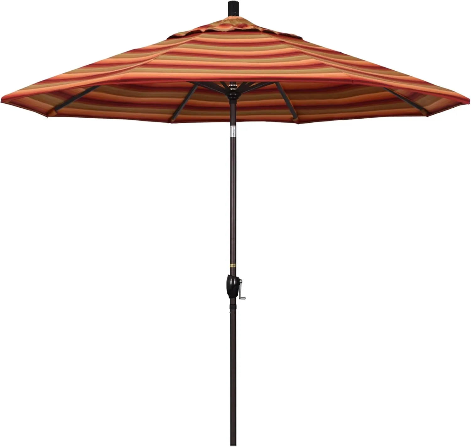 California Umbrella 9' Round Aluminum Market Umbrella, Crank Lift, Push Button Tilt, Bronze Pole, Sunbrella Astoria Sunset