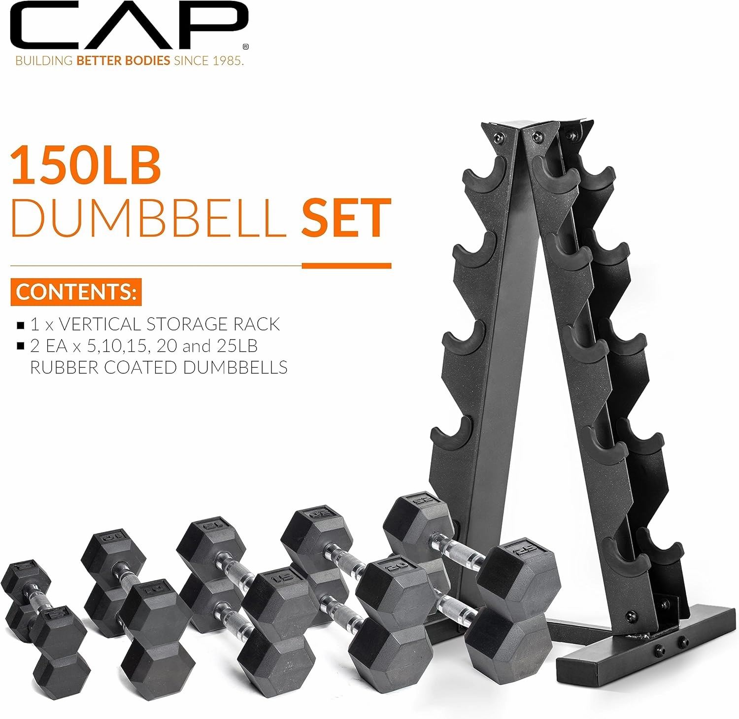 CAP Barbell 150 LB Coated Hex Dumbbell Weight Set with Vertical Rack | Multiple Options