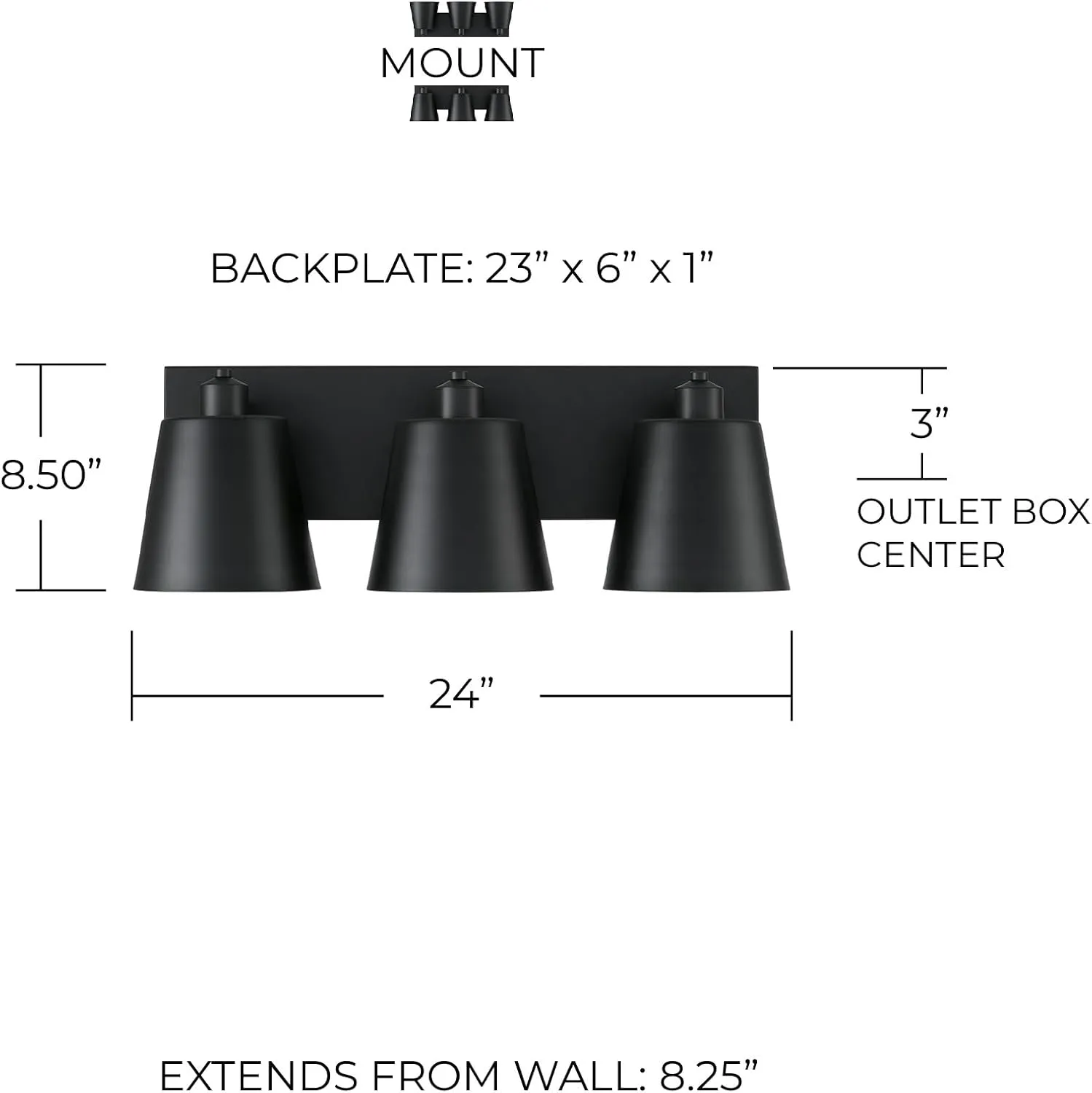 Capital Lighting 151331MB Alden Modern Industrial Metal Cone with White Interior Bath Vanity Wall Light, 3-Light 300 Total Watts, 9" H x 24" W, Matte Black