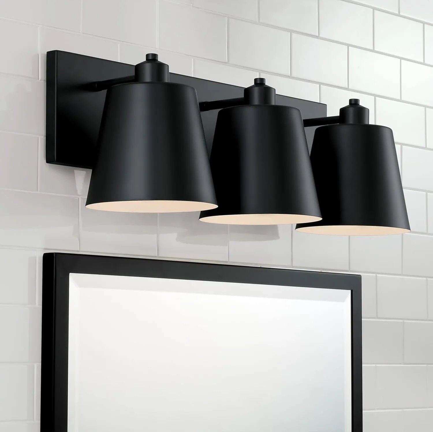 Capital Lighting 151331MB Alden Modern Industrial Metal Cone with White Interior Bath Vanity Wall Light, 3-Light 300 Total Watts, 9" H x 24" W, Matte Black