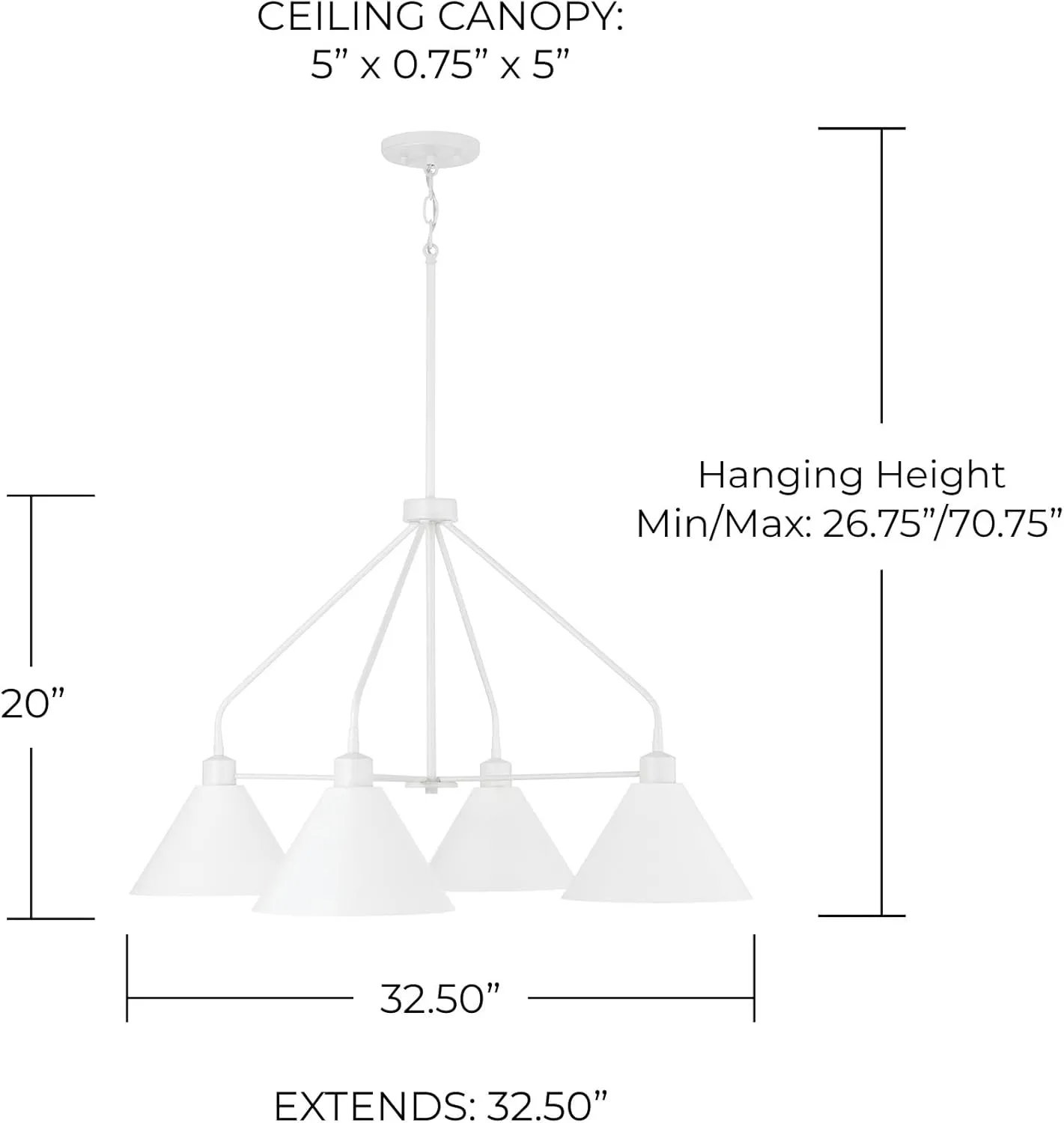 Capital Lighting 451341WE Alden Modern Industrial Metal Cone Chandelier, 4-Light 400 Total Watts, 20" H x 33" W, Matte White