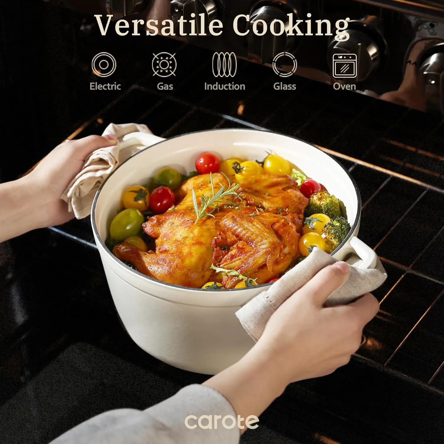 CAROTE Cast Iron Dutch Oven Pot with Lid, Enameled Dutch Oven for Bread Baking, Dual Handles, Heavy-Duty Cast Iron Pot, 5QT, White