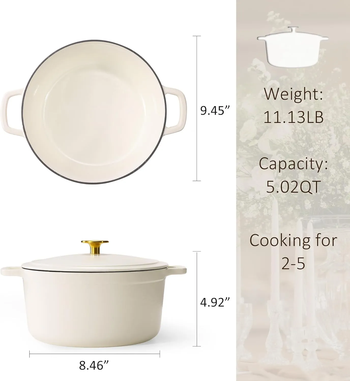 CAROTE Cast Iron Dutch Oven Pot with Lid, Enameled Dutch Oven for Bread Baking, Dual Handles, Heavy-Duty Cast Iron Pot, 5QT, White