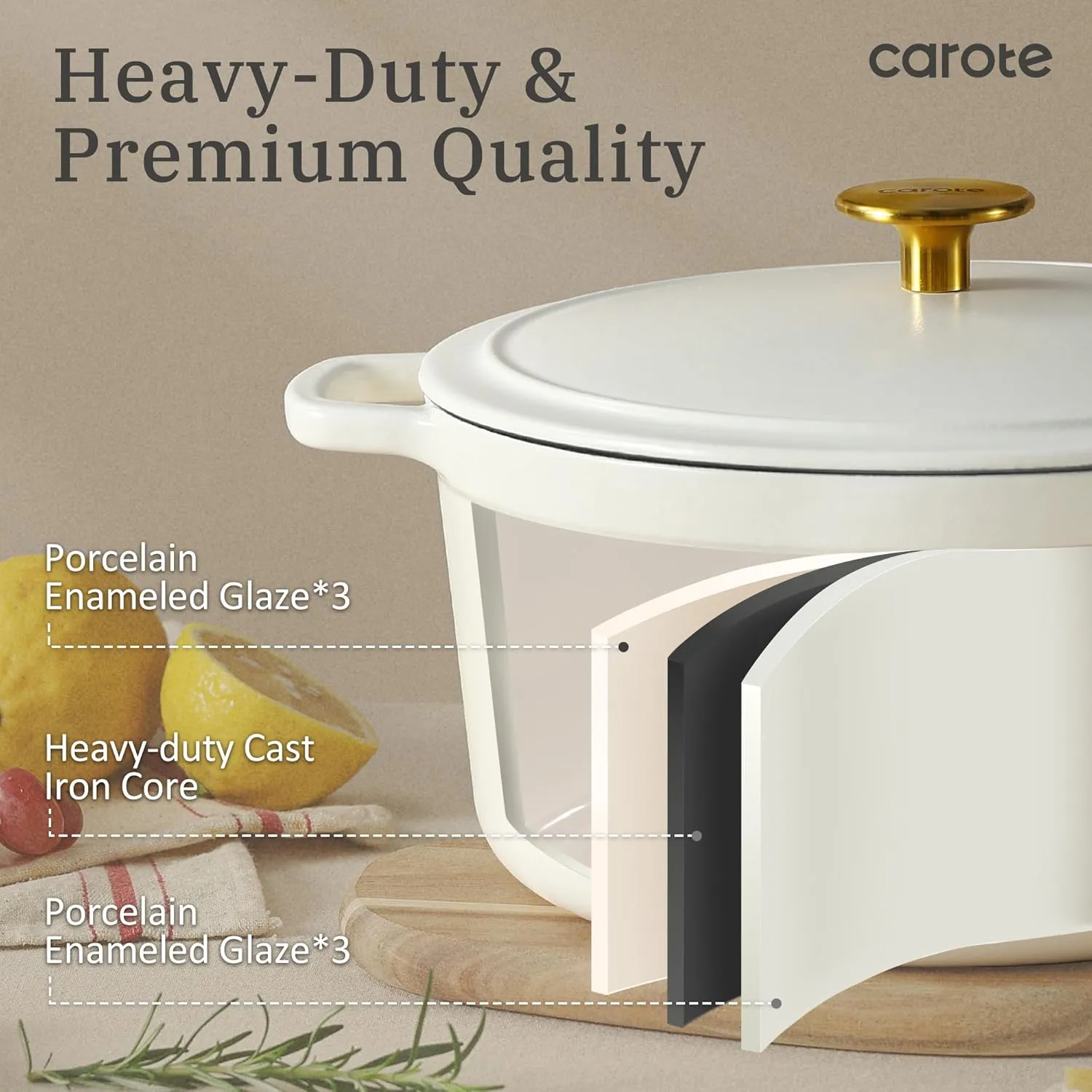 CAROTE Cast Iron Dutch Oven Pot with Lid, Enameled Dutch Oven for Bread Baking, Dual Handles, Heavy-Duty Cast Iron Pot, 5QT, White