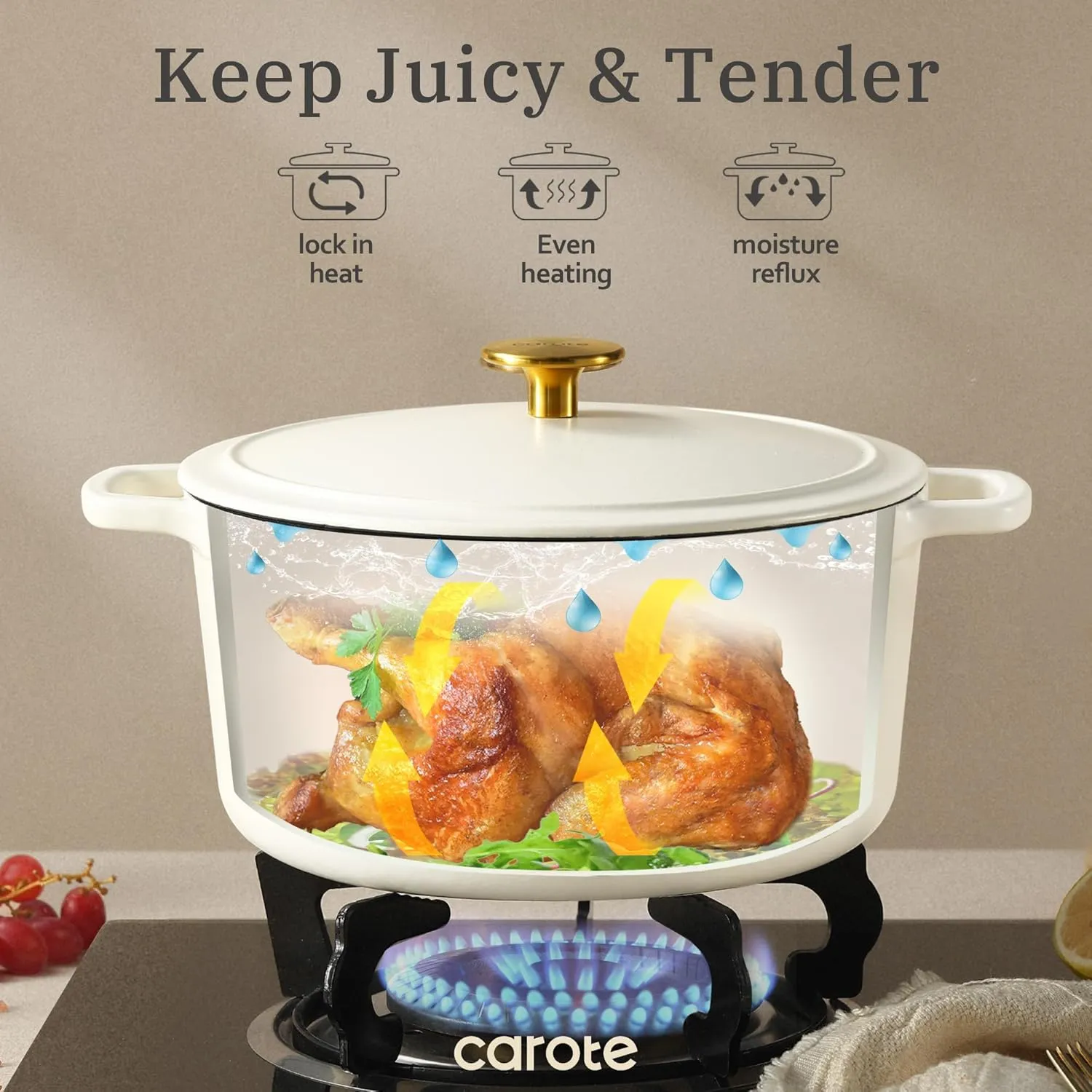 CAROTE Cast Iron Dutch Oven Pot with Lid, Enameled Dutch Oven for Bread Baking, Dual Handles, Heavy-Duty Cast Iron Pot, 5QT, White