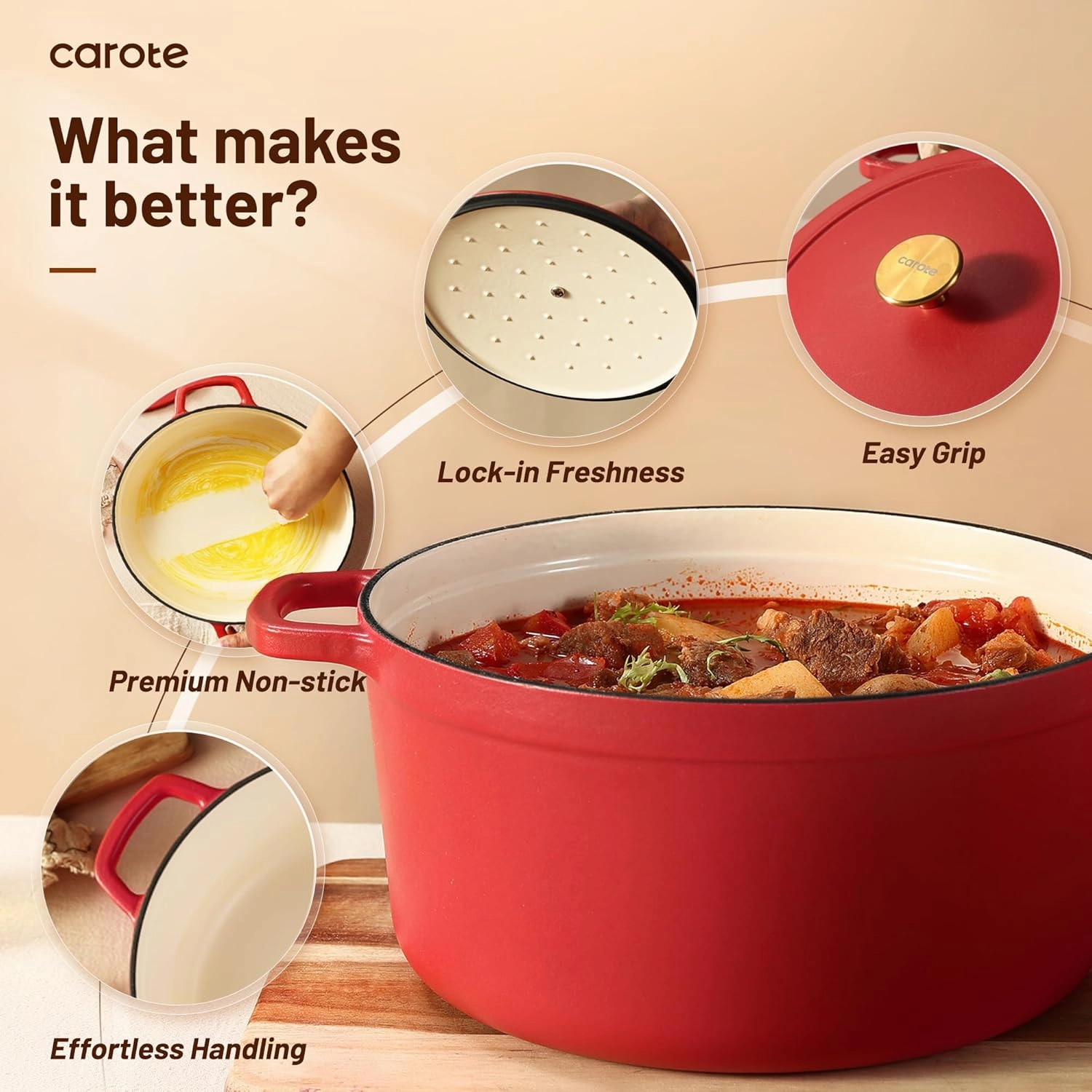 CAROTE Cast Iron Dutch Oven Pot with Lid, Enameled Dutch Oven for Bread Baking, Dual Handles, Heavy-Duty Cast Iron Pot, 5QT, Red