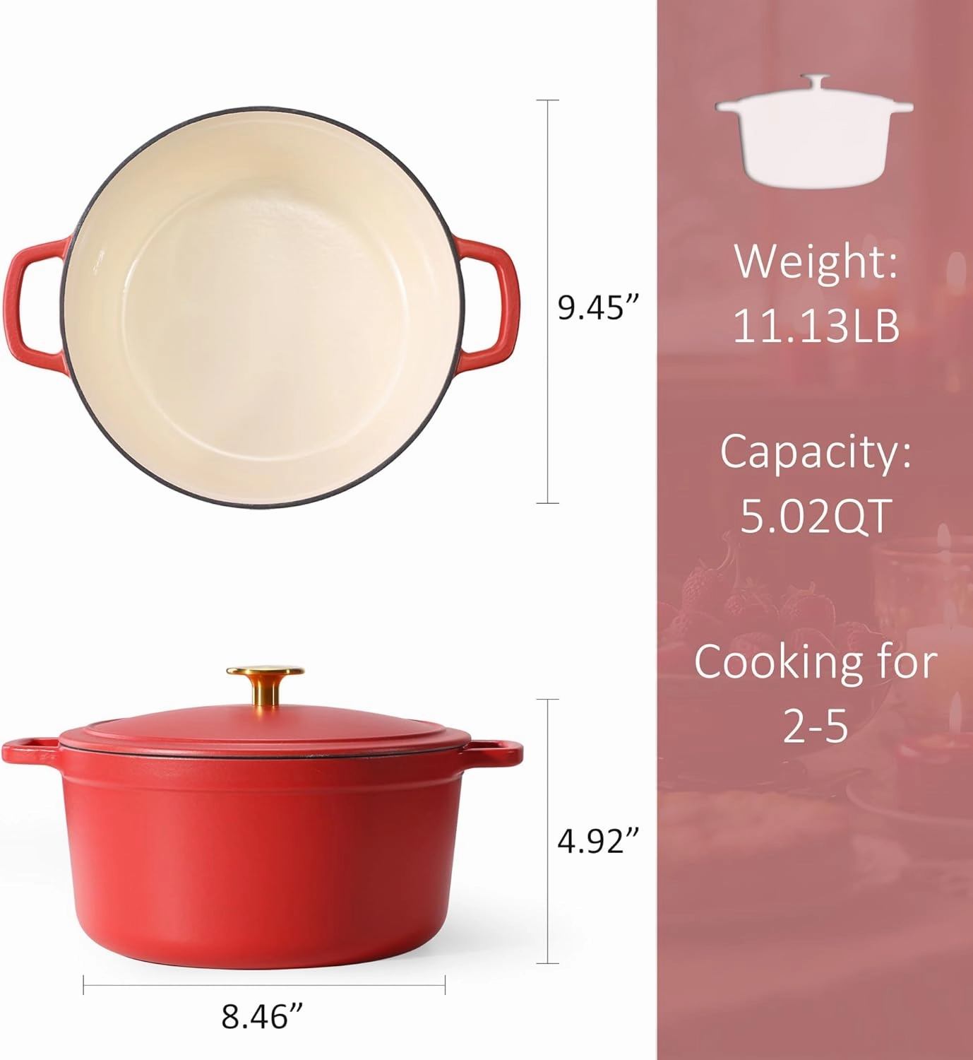 CAROTE Cast Iron Dutch Oven Pot with Lid, Enameled Dutch Oven for Bread Baking, Dual Handles, Heavy-Duty Cast Iron Pot, 5QT, Red