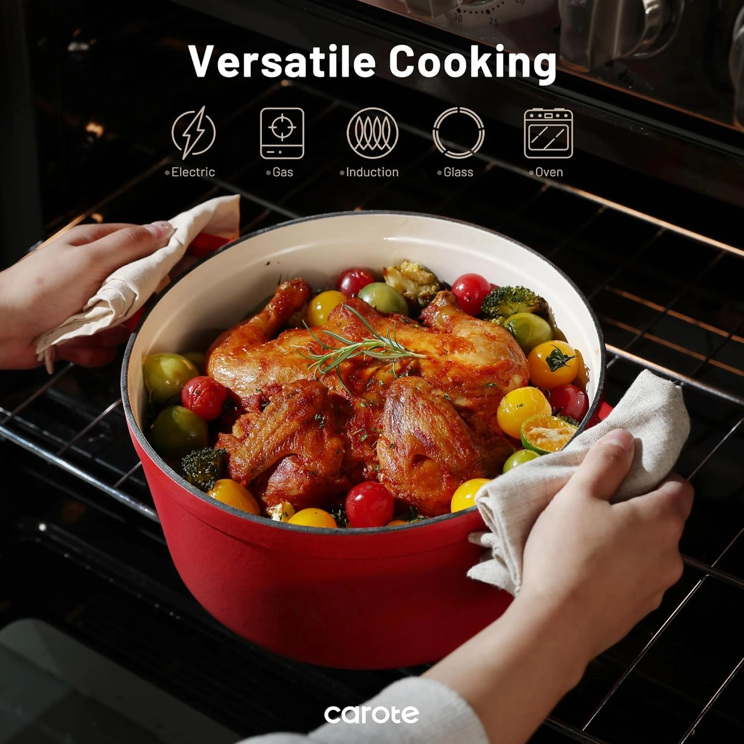 CAROTE Cast Iron Dutch Oven Pot with Lid, Enameled Dutch Oven for Bread Baking, Dual Handles, Heavy-Duty Cast Iron Pot, 5QT, Red