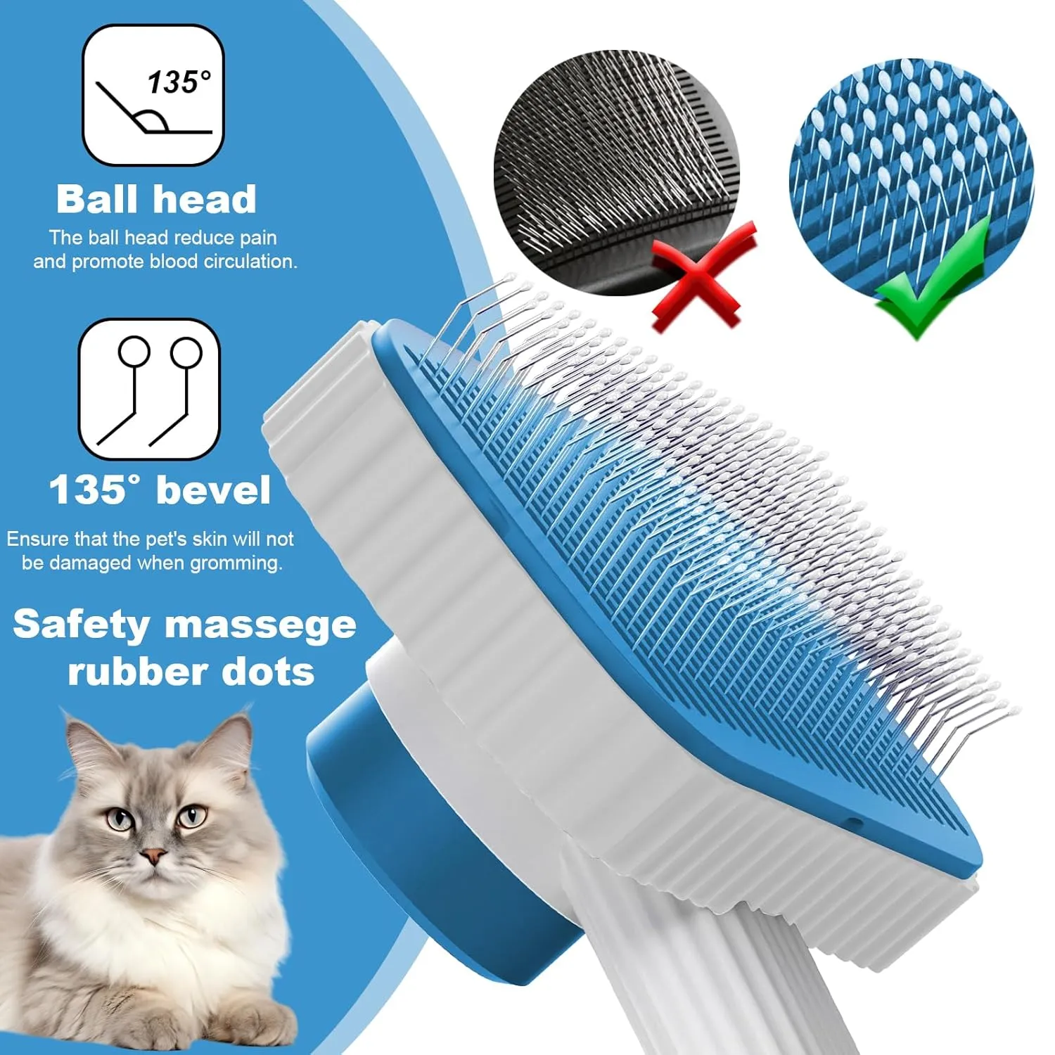 Cat brush, Cat Brush for Long or Short Haired Cats, Remove Loose Fur and Mats, Rounded Pins Reduces Painful Pulling, Not for Tangle and Curly Fur, Azure