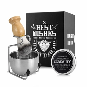 CCbeauty Mens Shaving Brush and Bowl Set, 4 in 1 Badger Shave Brushes Kit with Stainless Steel Bowl & Soap Mug, Safety Razor Stand, Birthday Boyfriend Dad Gifts Set for Men, Shaving Cream 3.5Oz