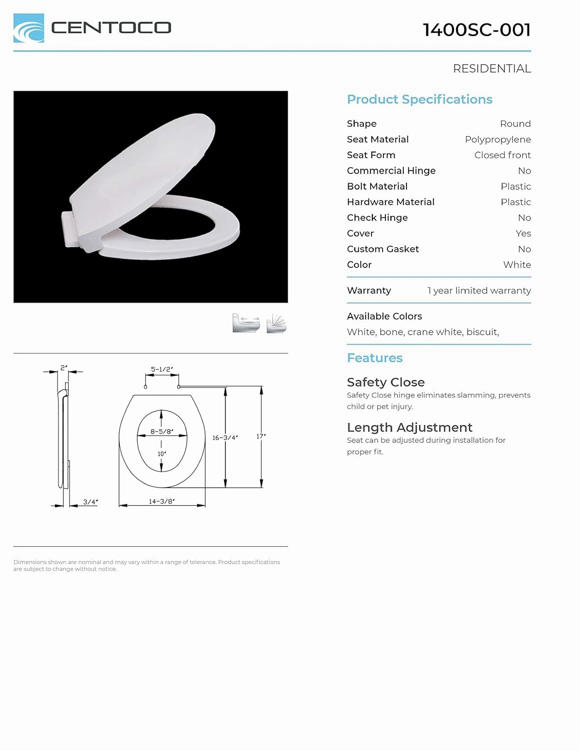 Centoco Round Toilet Seat Soft Close, Closed Front with Cover, Premium Seat, Plastic, Made in the USA, 1400SC-001, White